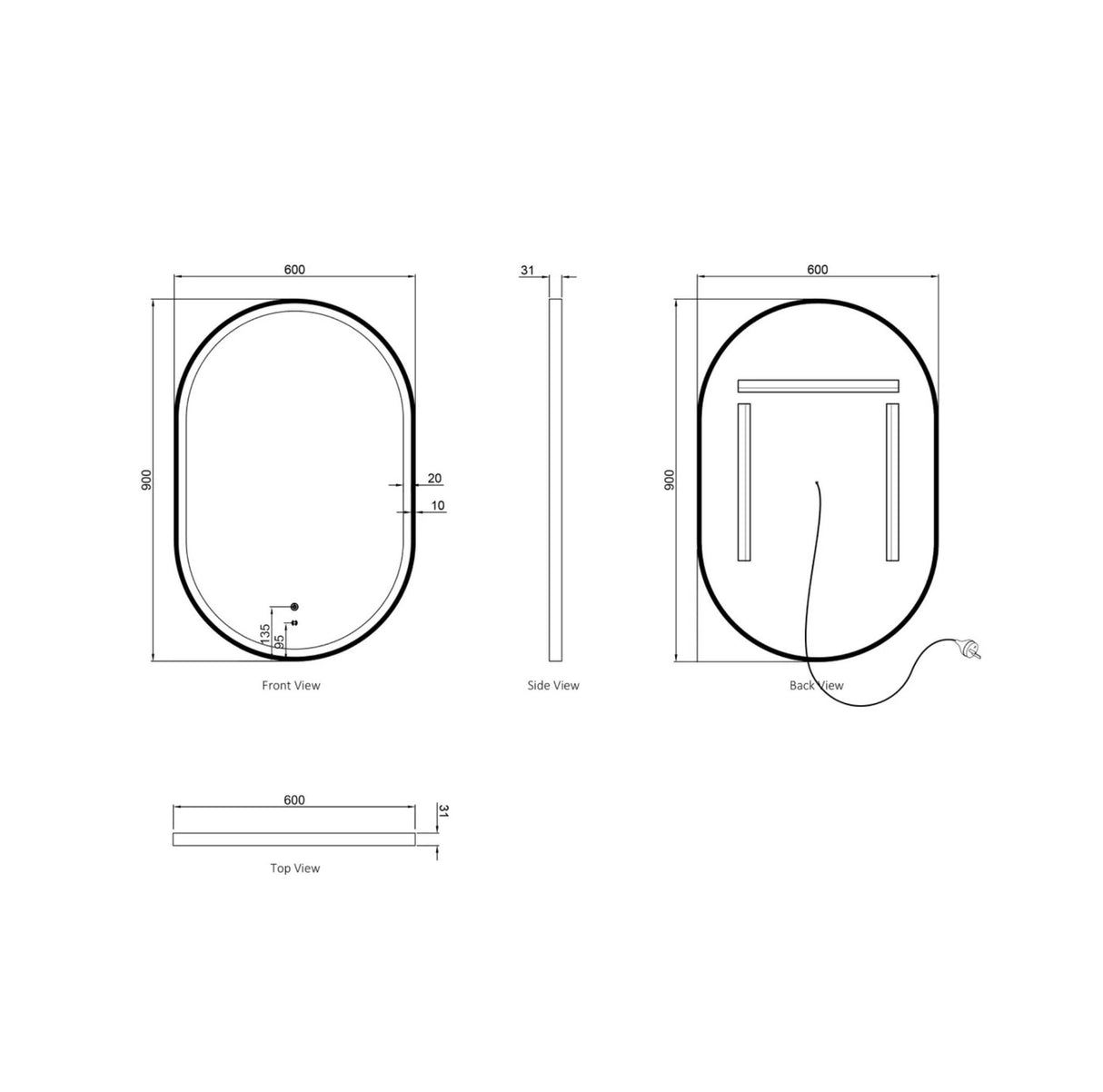 Technical drawing of a oval mirror with dimensions labeled