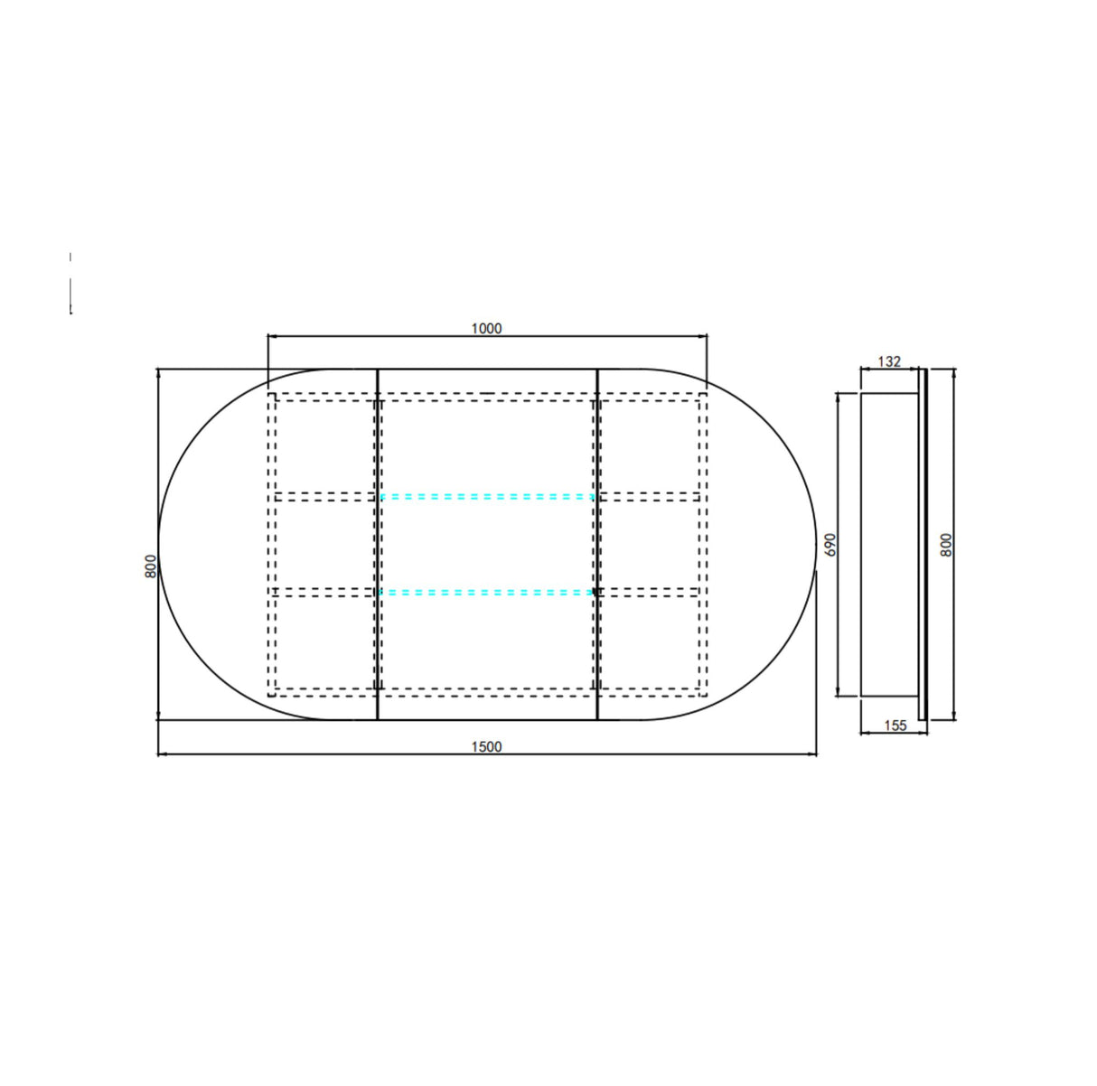 drawing of 1500mm shaving cabinet