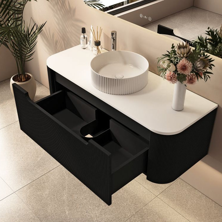 linley 1200mm black wall hung vanity top view open drawer