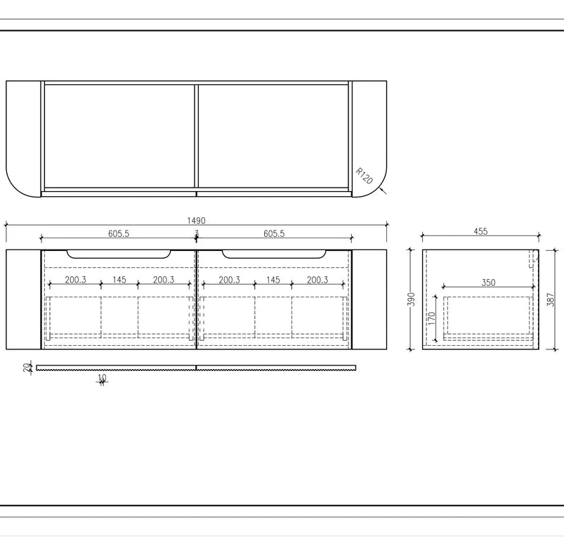Technical drawing of a bathroom vanity with dimensions