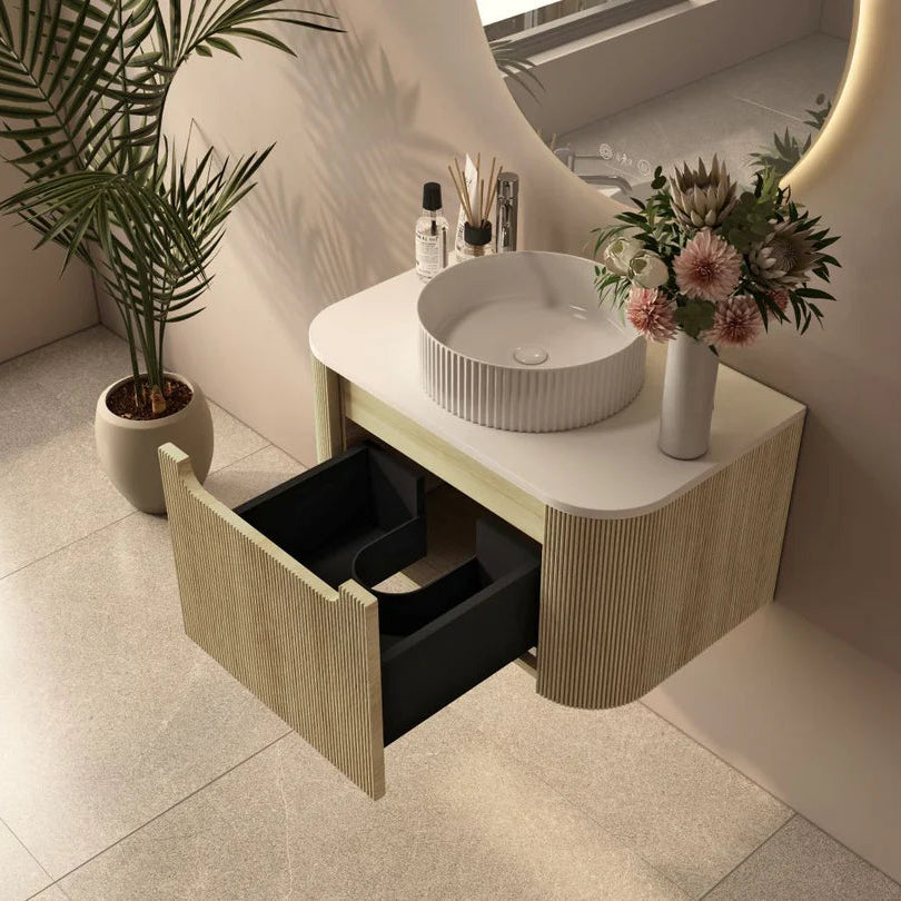 linley 750mm bur oak wall hung vanity front view open drawer