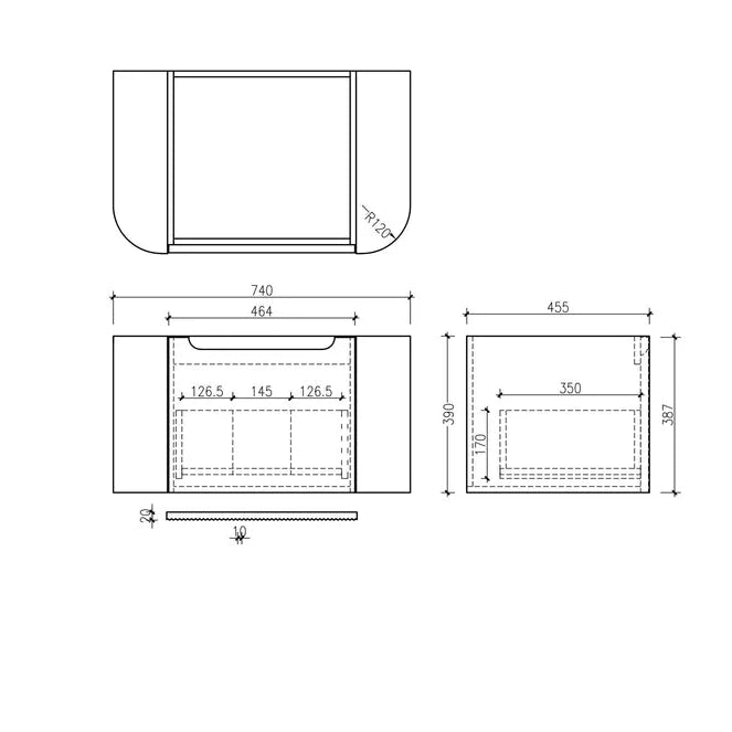 linley 750mm bur oak wall hung vanity front view drawing