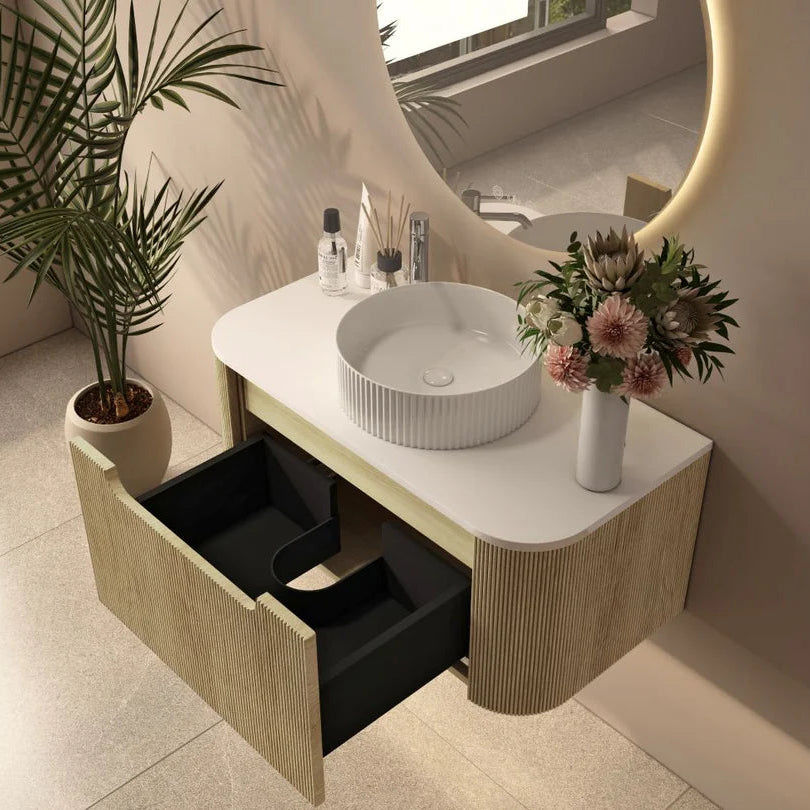 linley 900mm bur oak wall hung vanity open drawer