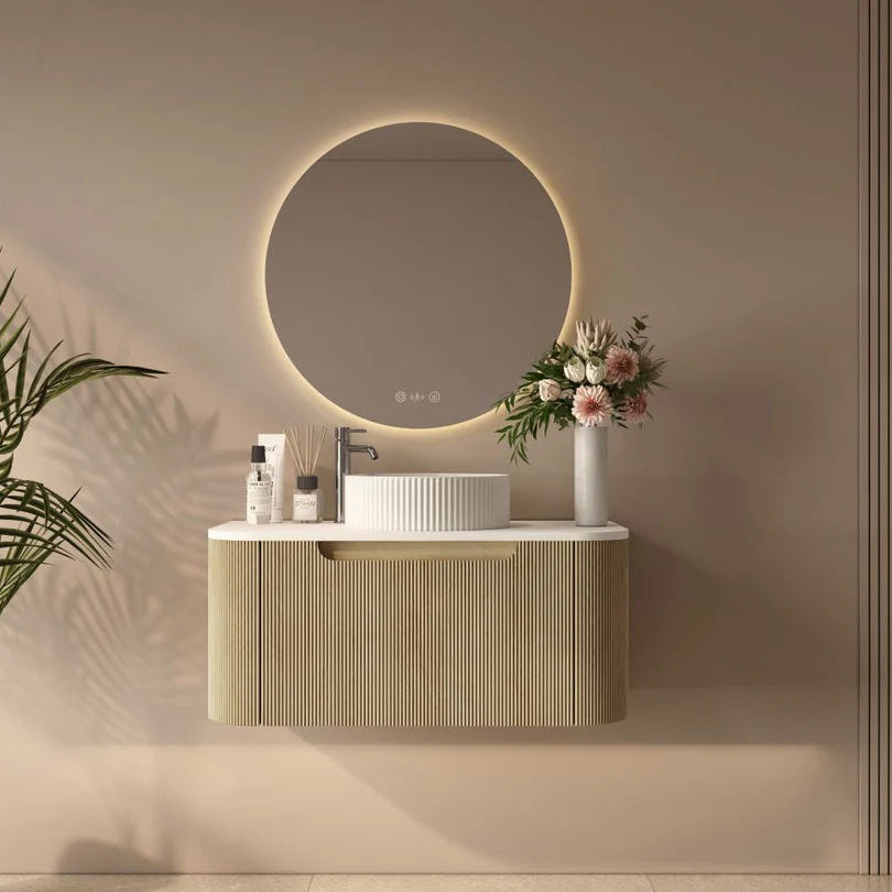 linley 900mm bur oak wall hung vanity front side