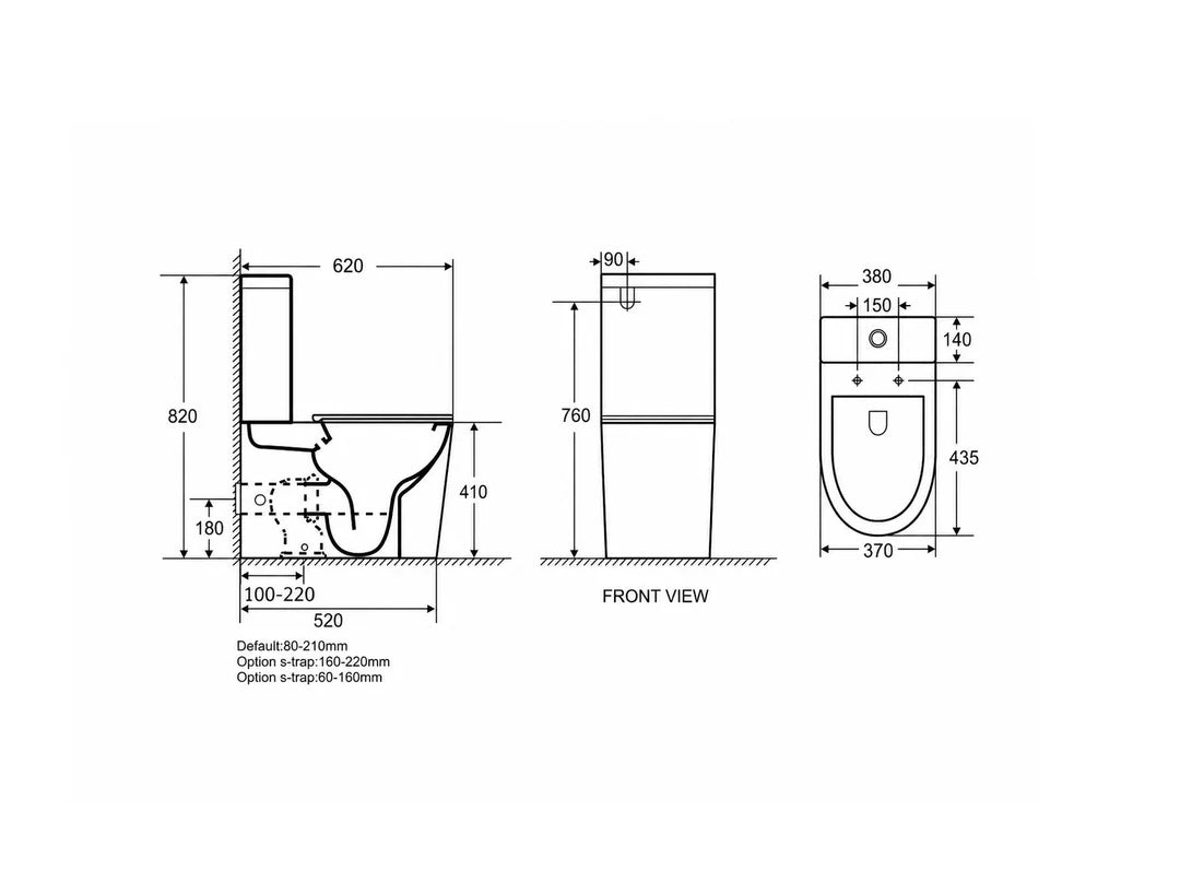 Technical dimension drawing of a toilet with front view and side profile measurements on a white background.