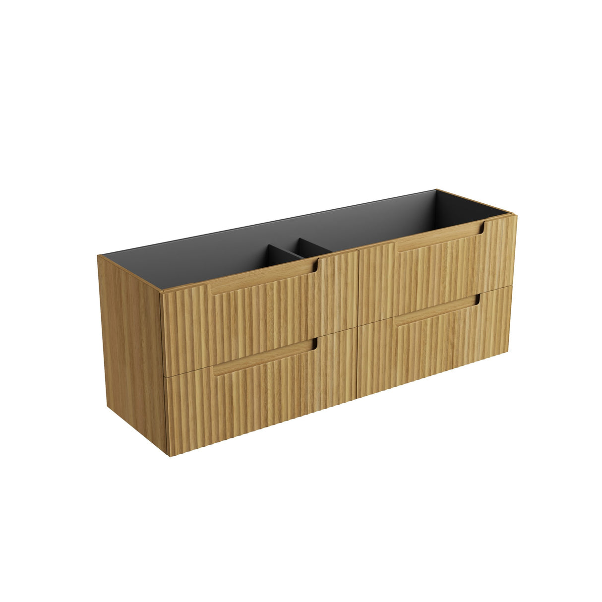 Wooden cabinet with black countertop on a white background