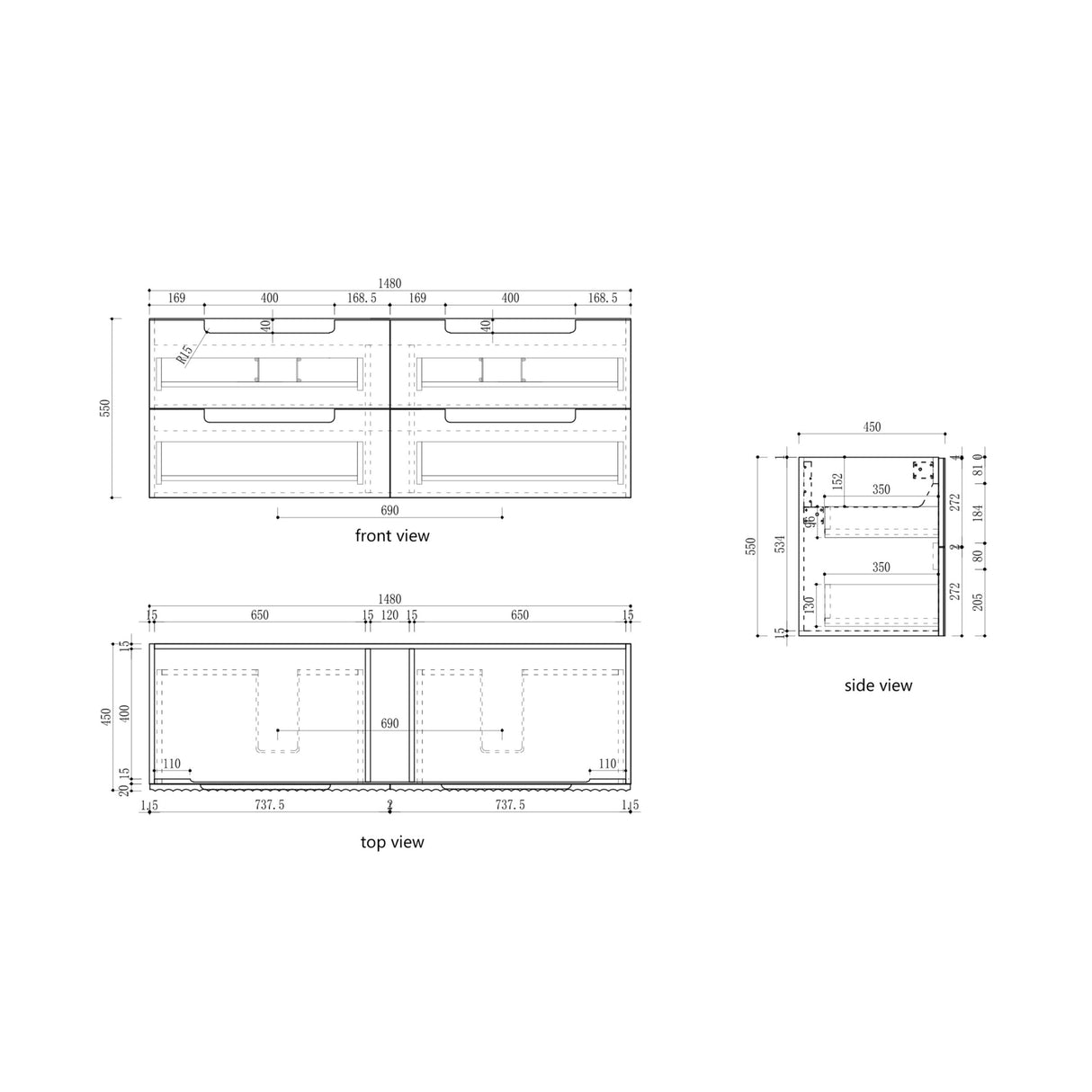 Technical drawing with front, top, and side views of a rectangular object with dimensions.
