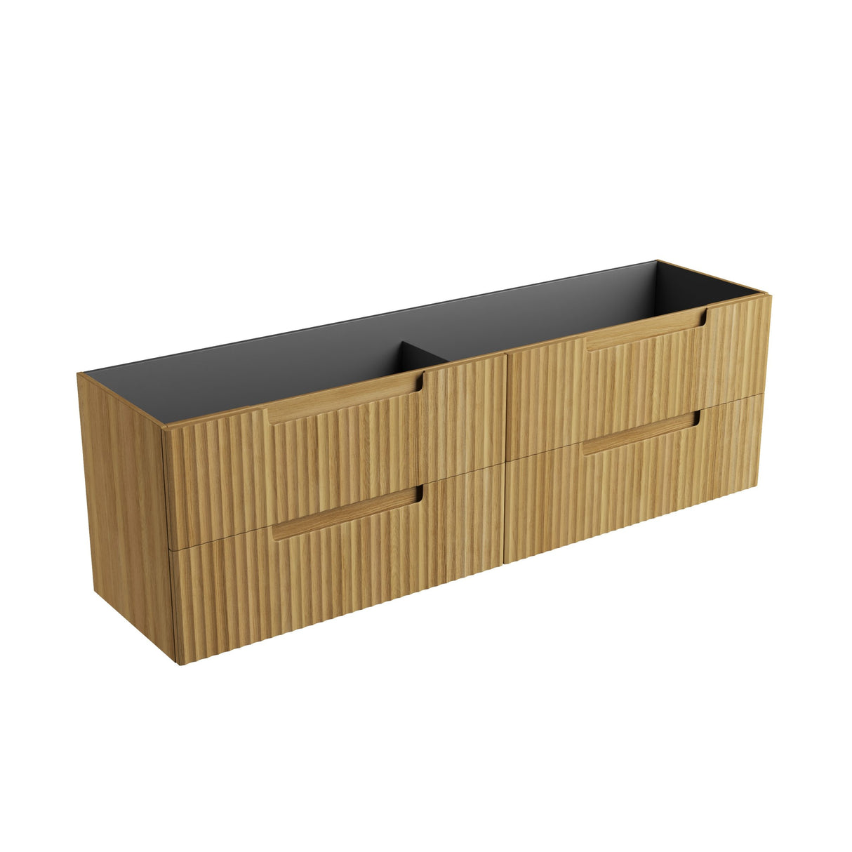 Wooden cabinet with black top on a white background