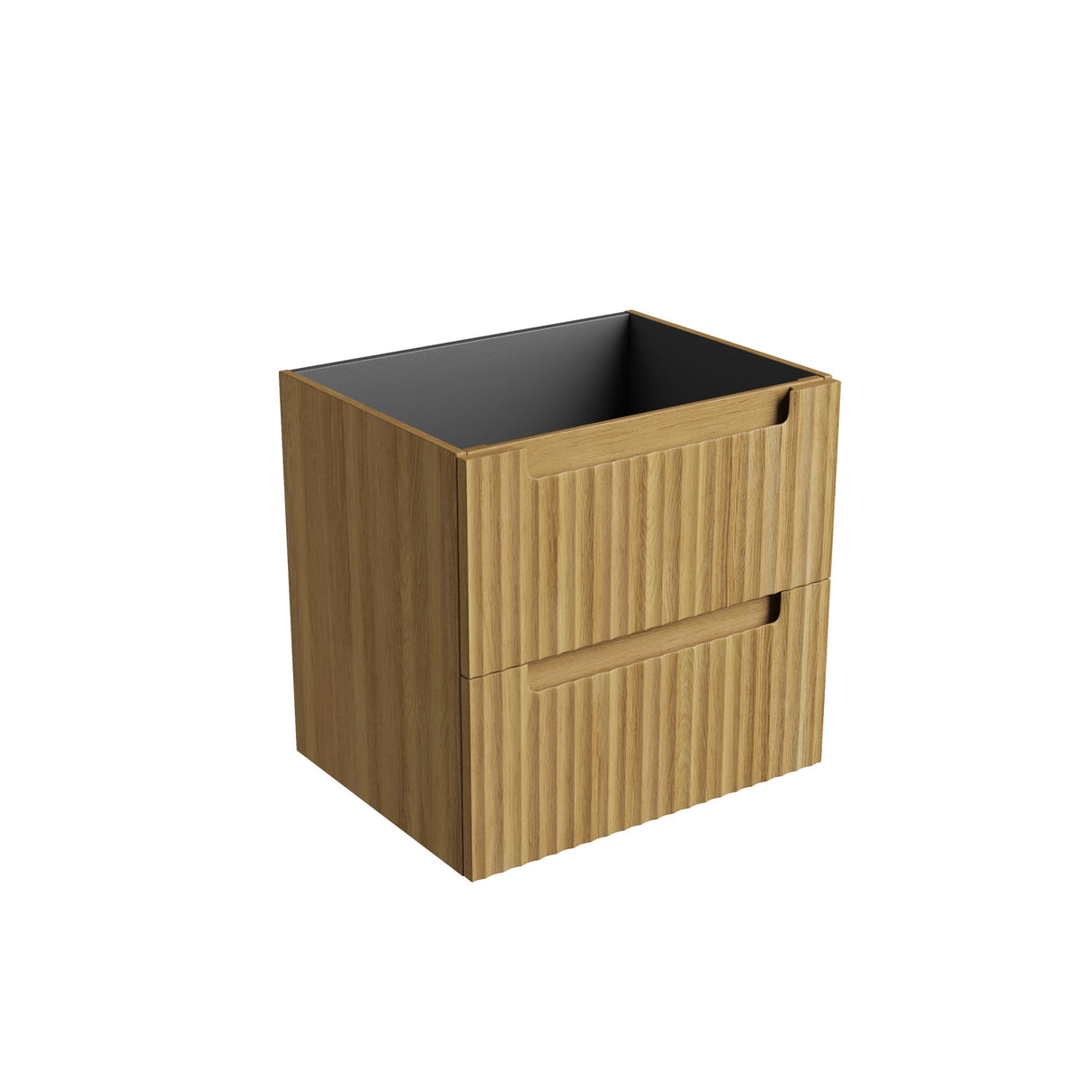 Wooden storage unit with two drawers on a white background