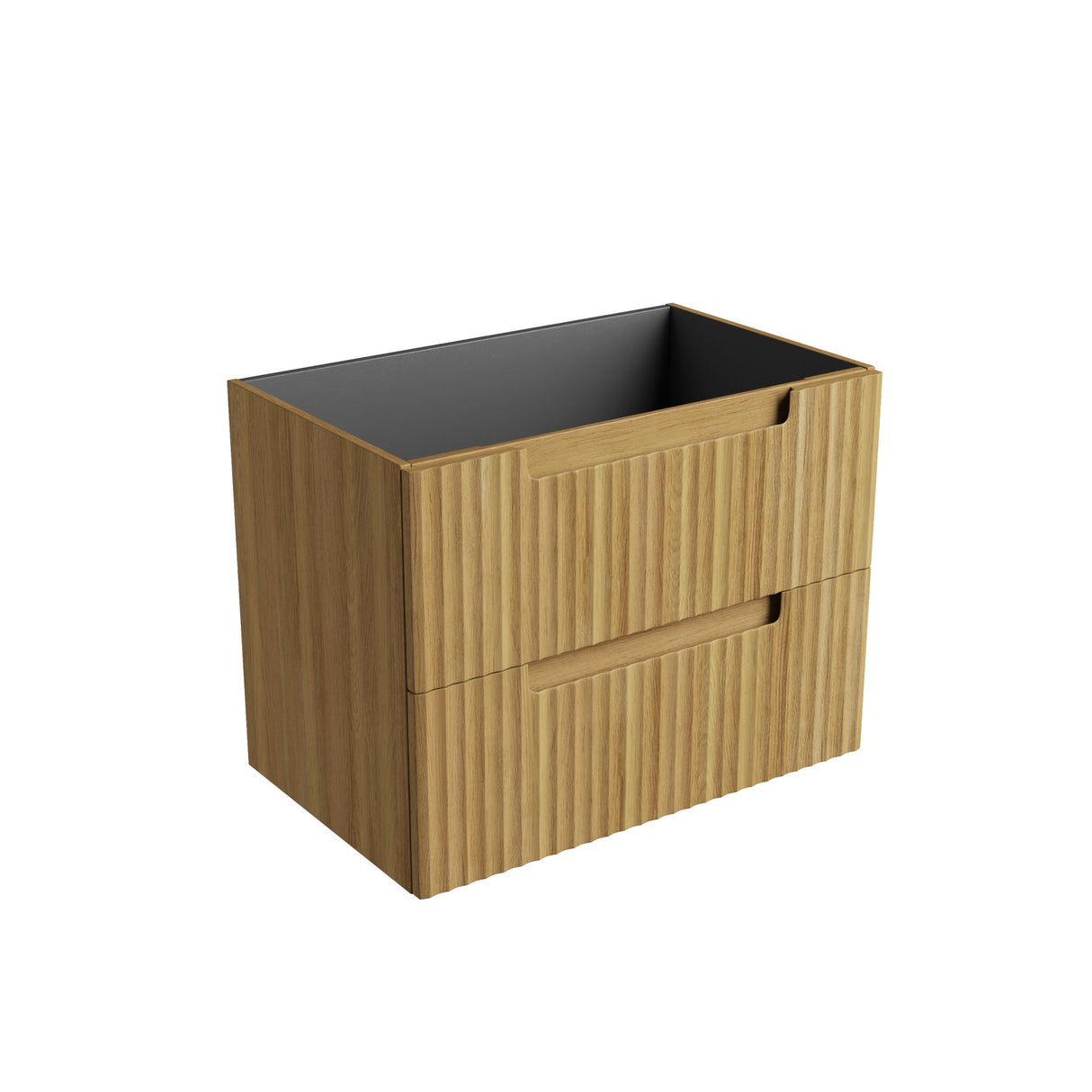 Wooden storage box with a black lid on a white background