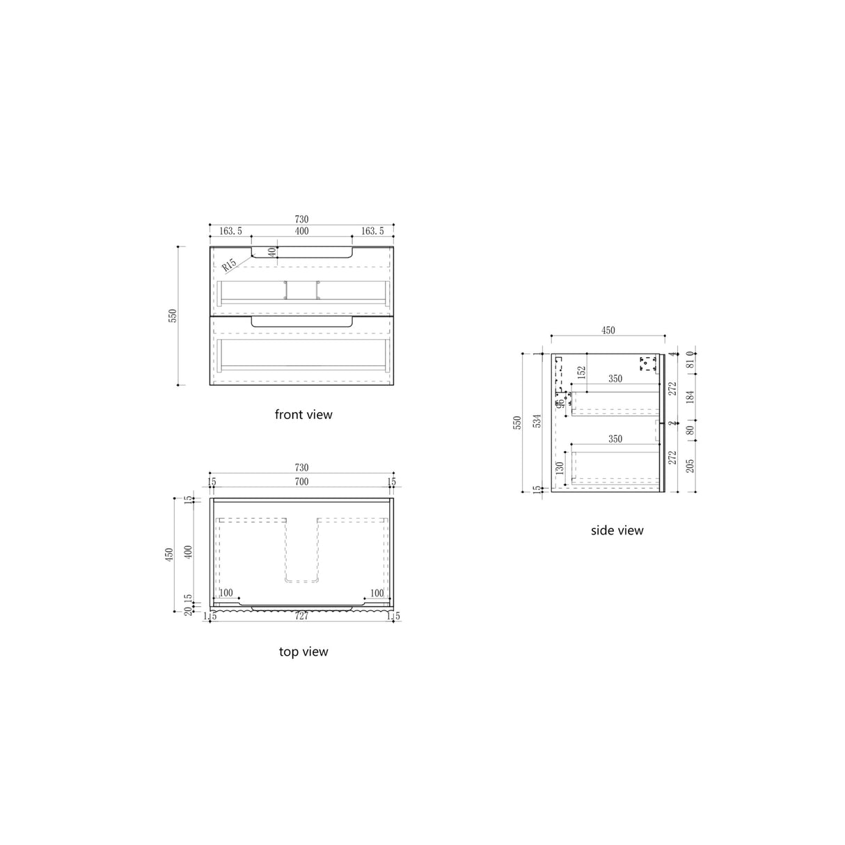 Technical drawings of a product's front, side, and top views with dimensions.