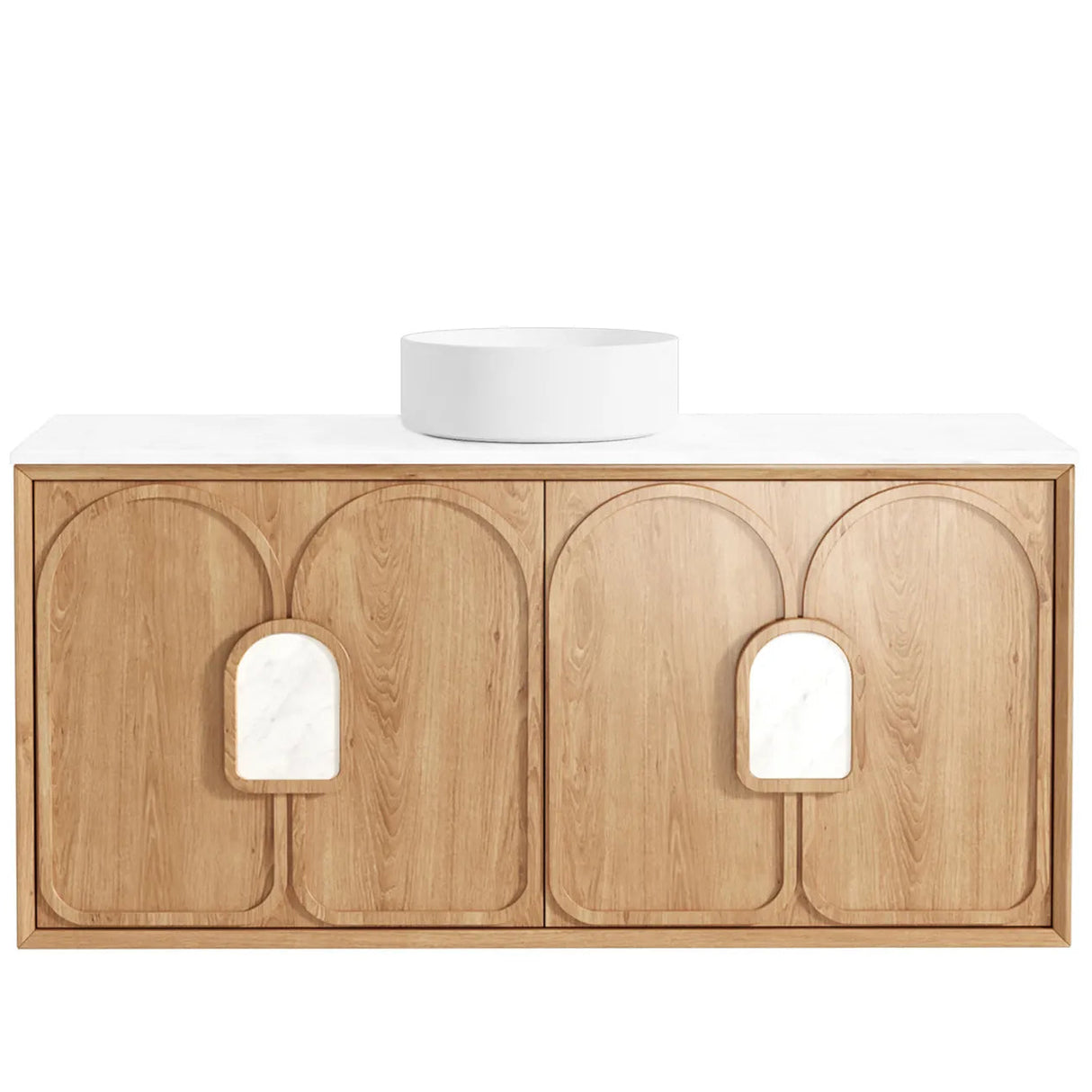 Wooden bathroom vanity with white countertop and round sink on a white background