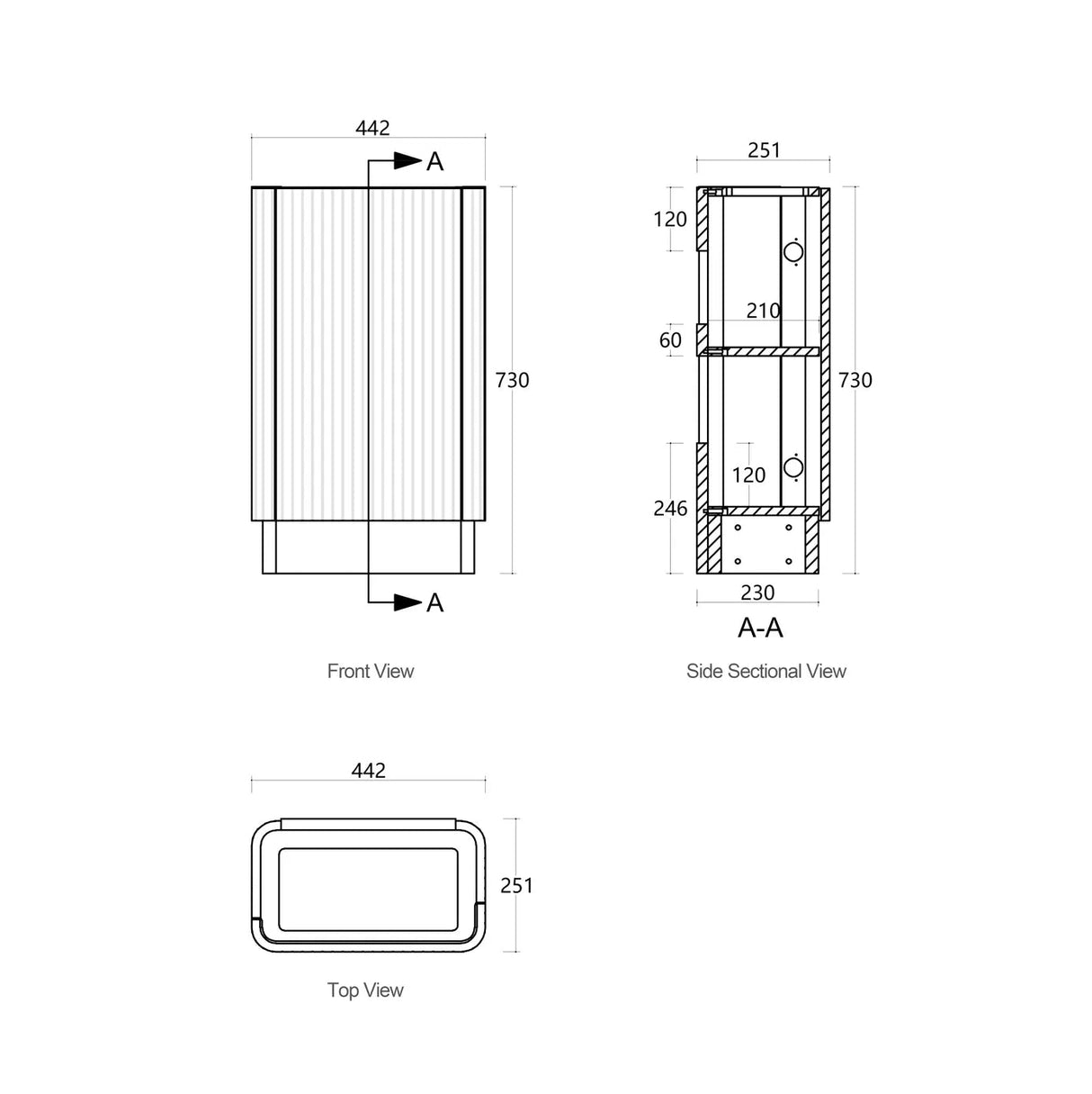 Technical dimension drawing showing front, side sectional, and top views of a rectangular vanity fixture with measurements labeled in millimeters.