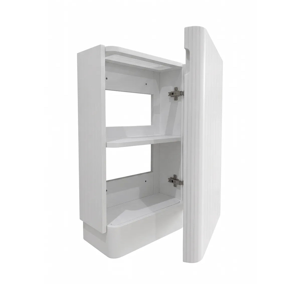 A white free standing vanity with two open shelves and the door swung open, shown against a plain white background.