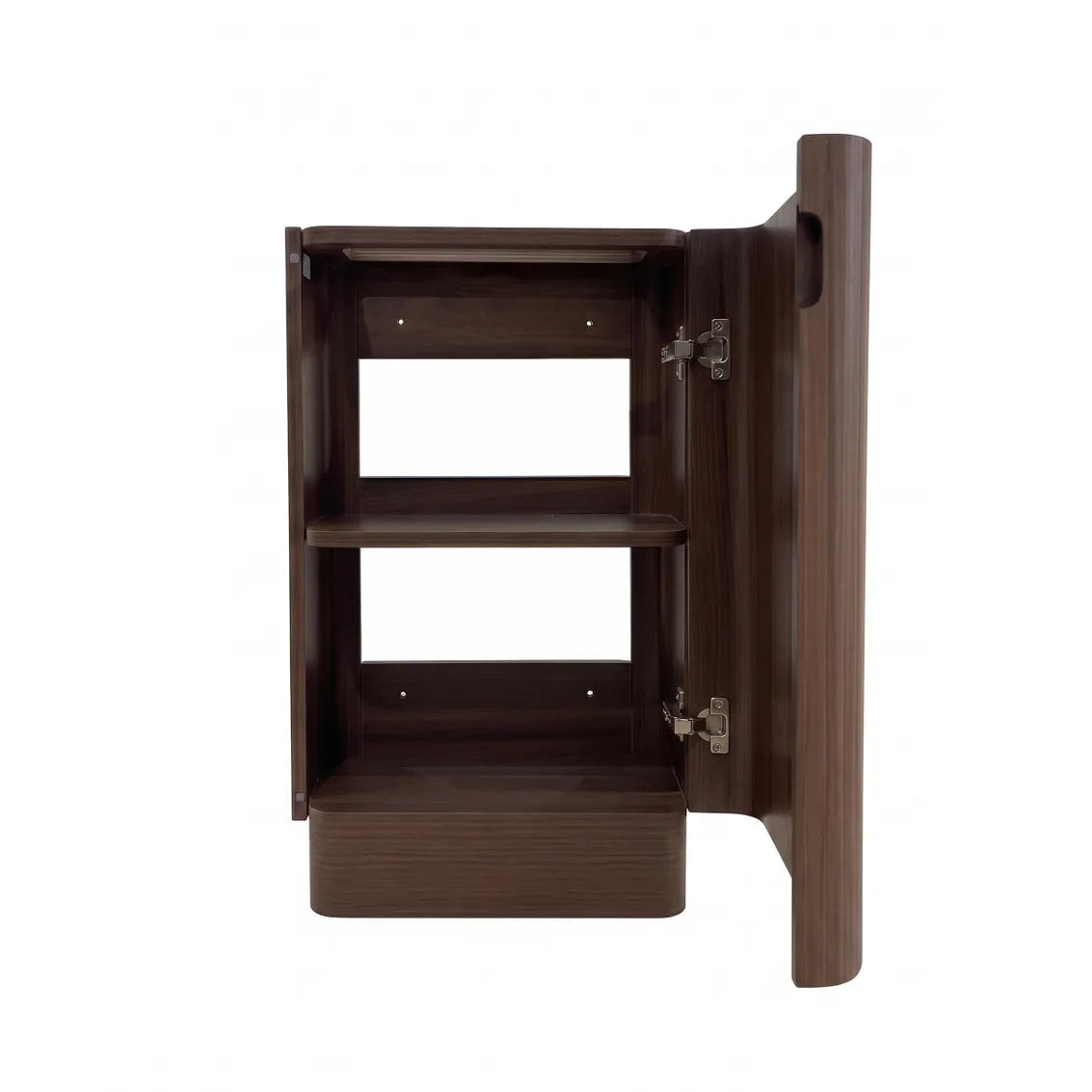 A dark brown wooden floor standing cabinet with its door open, showing two interior shelves and silver metal hinges, isolated on a white background.