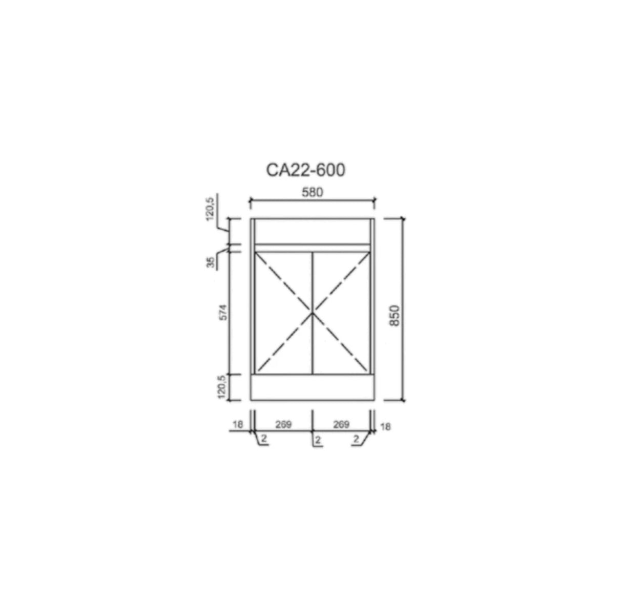 Technical drawing of a maya free standing vanity with dimensions labeled