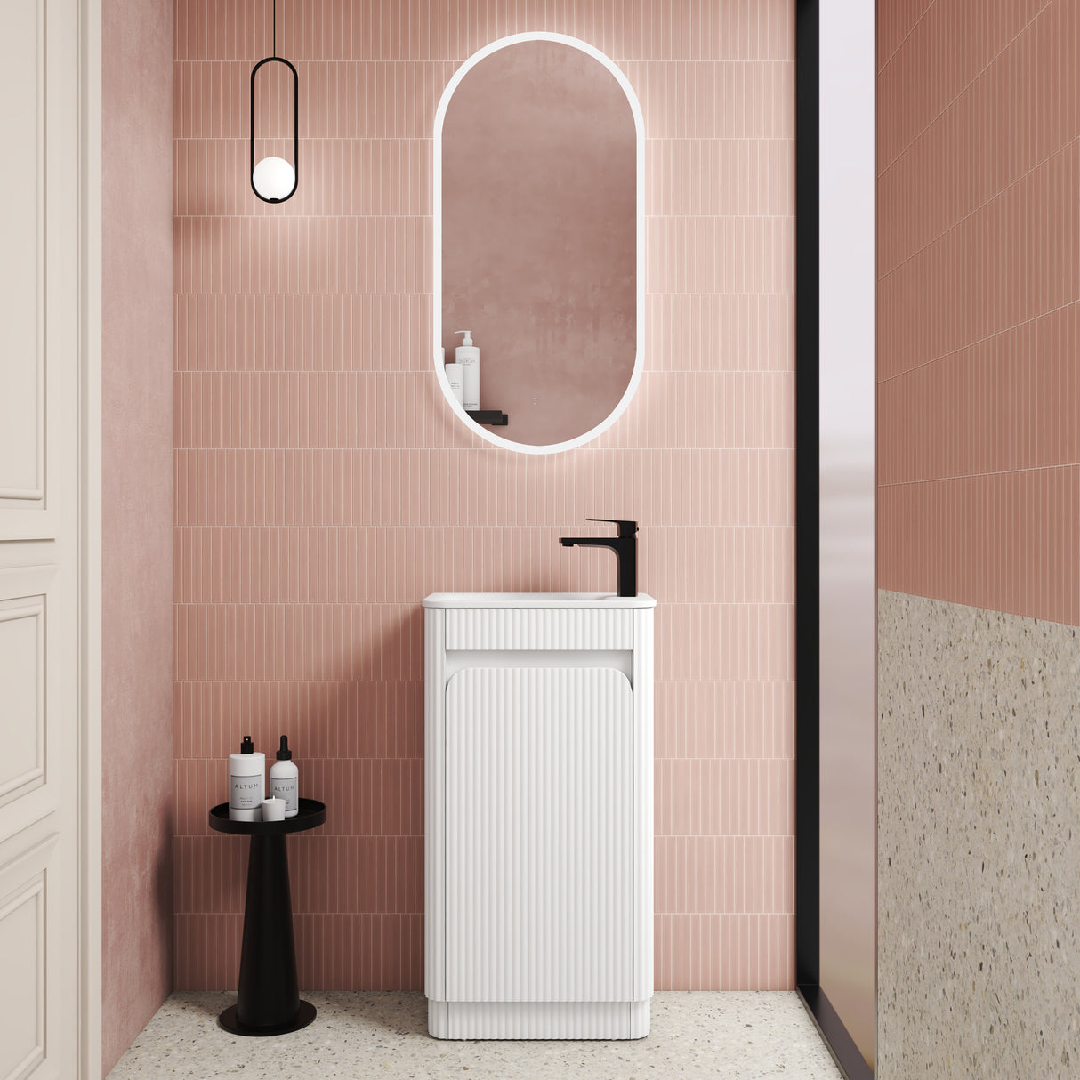 Mini Hartelle 470mm Matte White Floor Standing Vanity - Fluted front view
