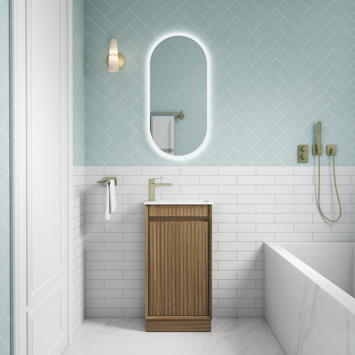 Mini Ravia 450mm Harvest Oak Floor Standing Vanity - Fluted front view