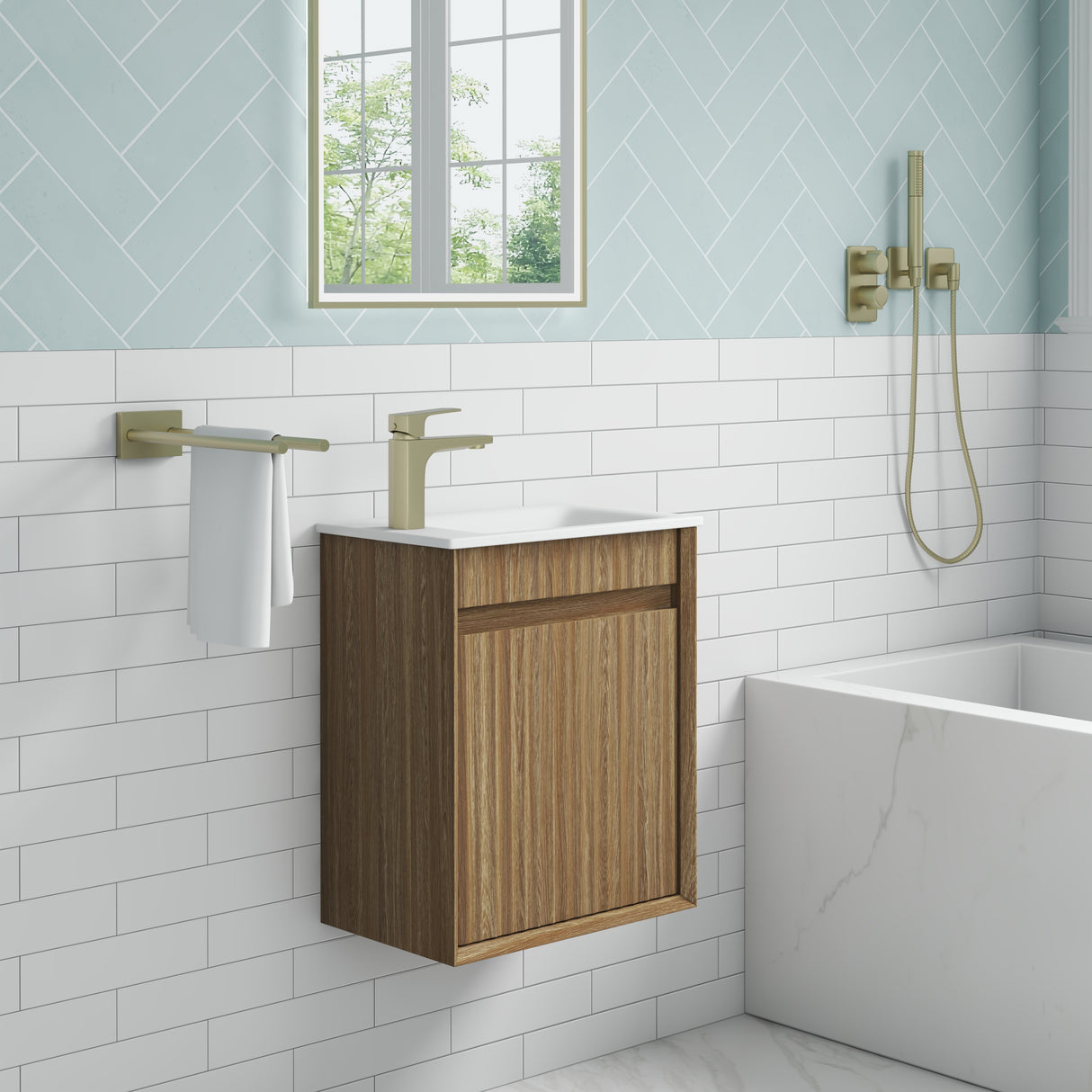 closer side view Mini Ravia 450mm Harvest Oak Wall Hung Vanity - Fluted
