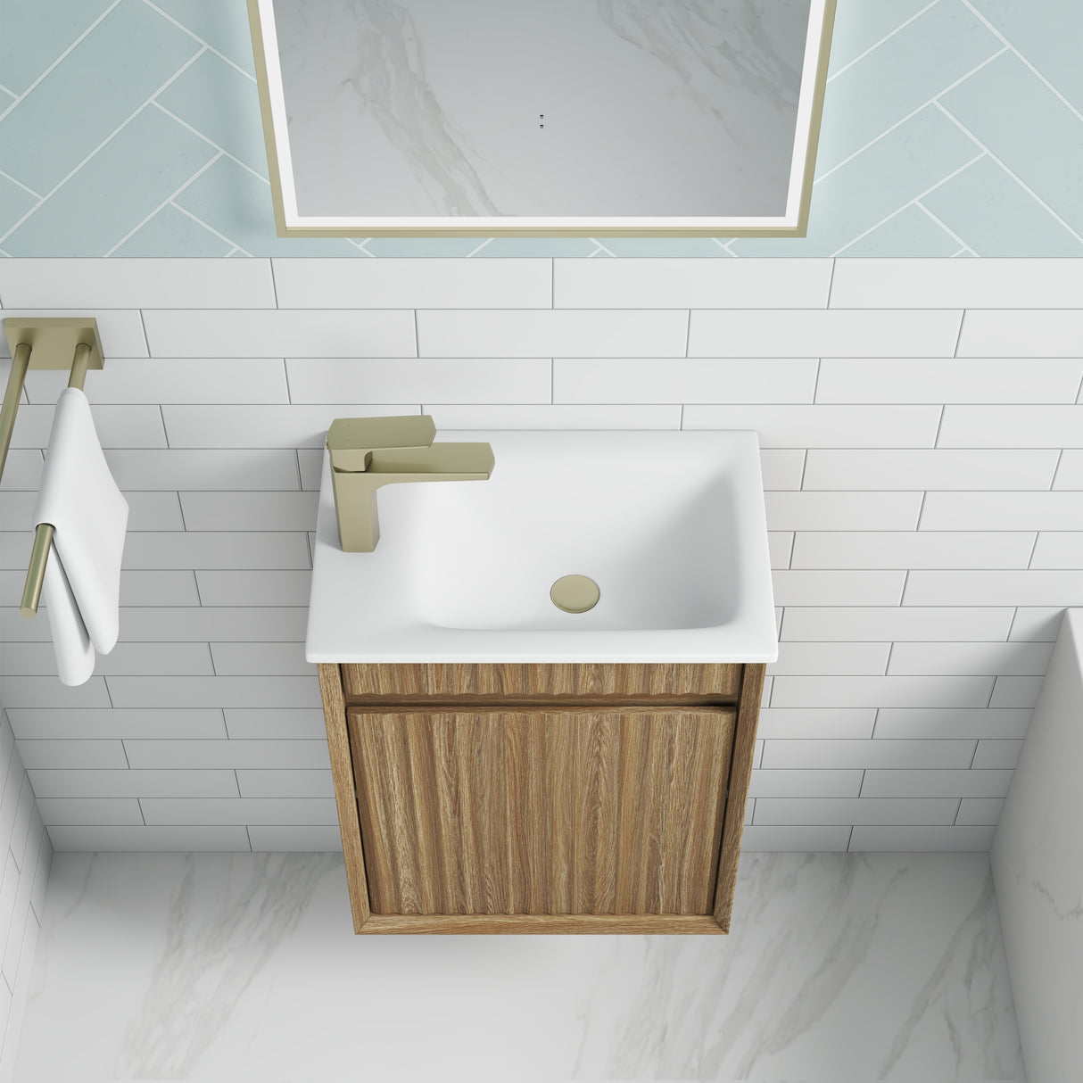 Mini Ravia 450mm Harvest Oak Wall Hung Vanity - Fluted top view