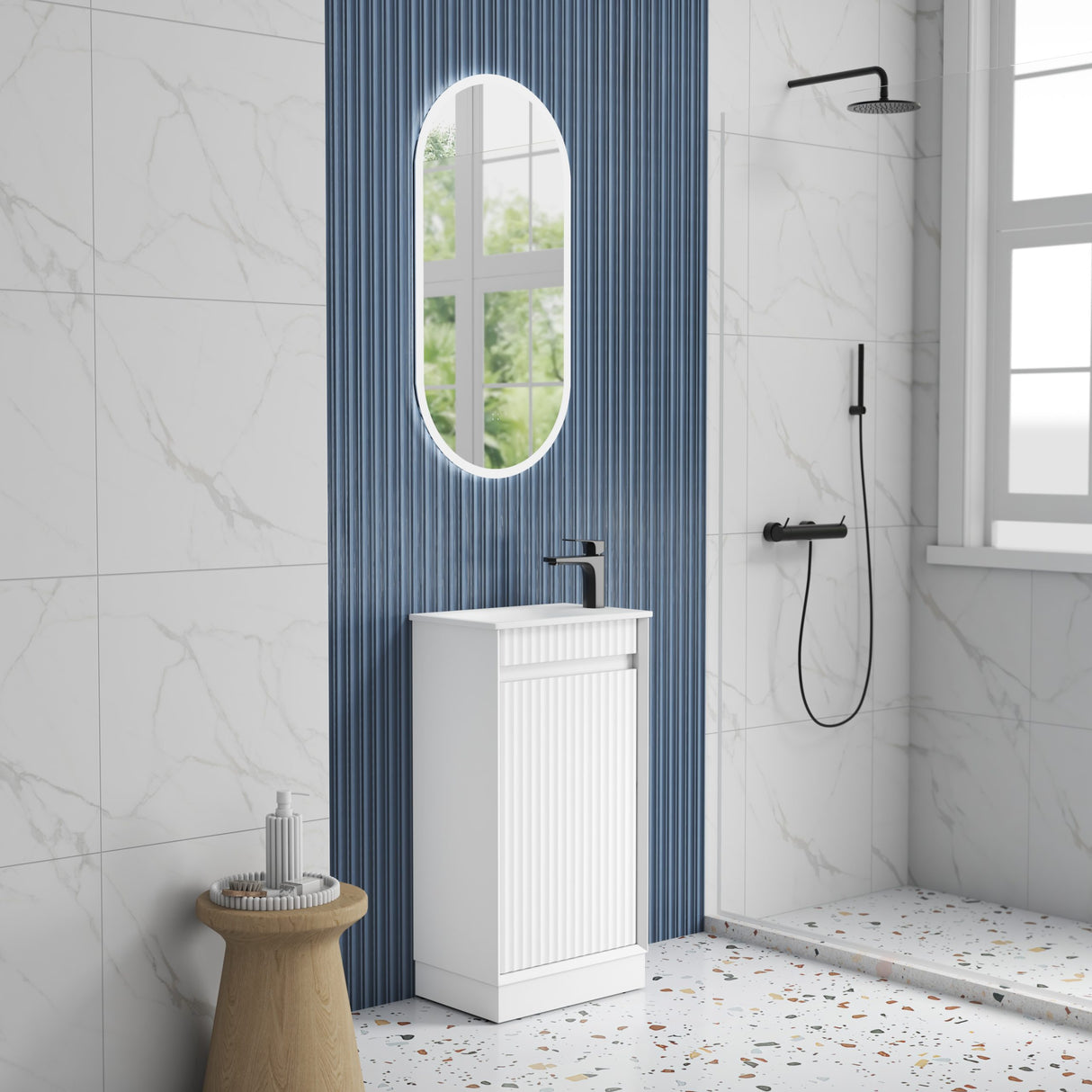 Mini Ravia 450mm Matte White Floor Standing Vanity - Fluted side view