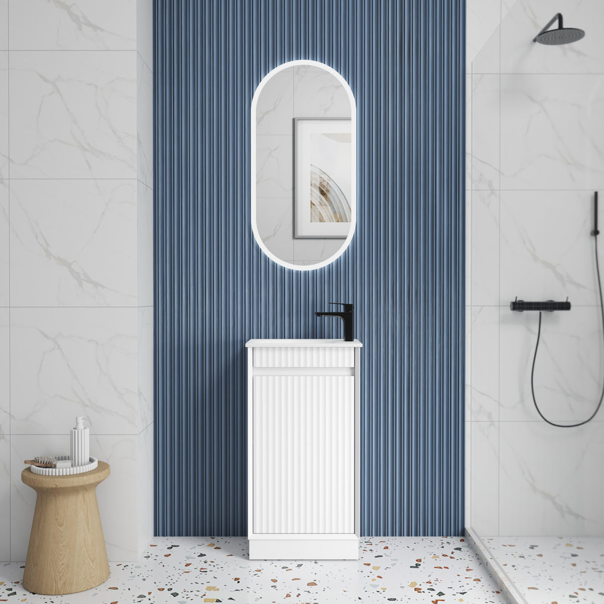 Mini Ravia 450mm Matte White Floor Standing Vanity - Fluted front view