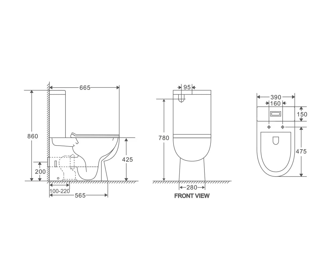Technical dimension drawing of a toilet with front and side views, showing measurements in millimeters on a white background.