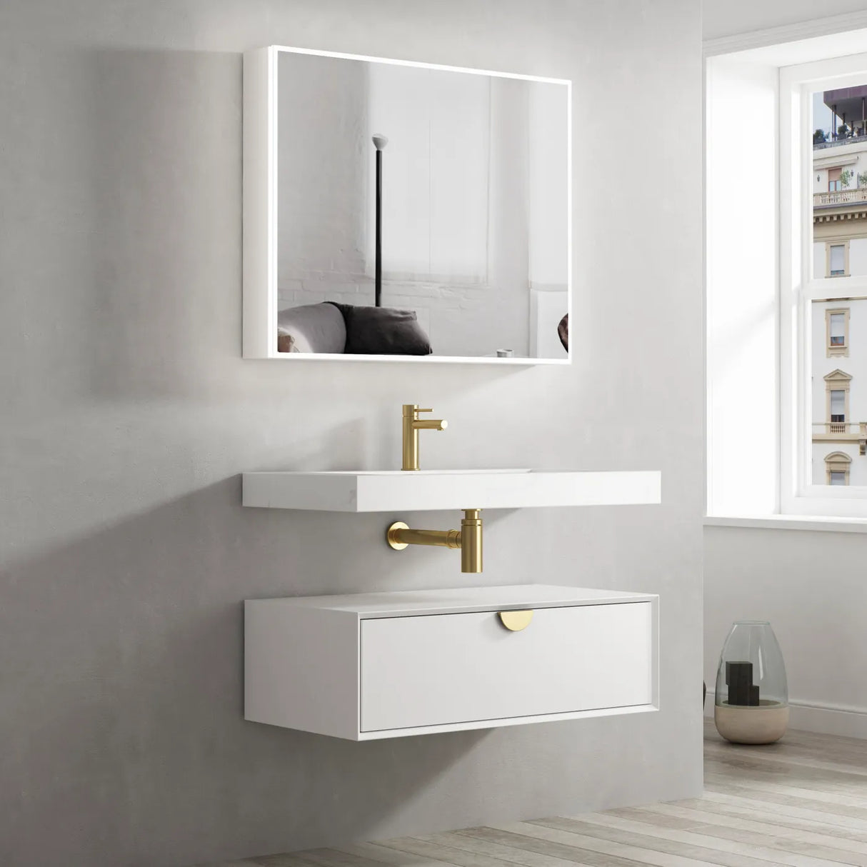 Bathroom vanity with mirror and sink in a modern setting
