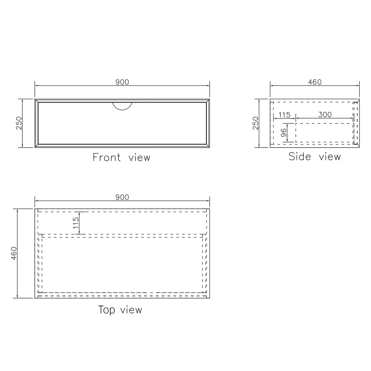 Dimensions of a cabinet shown from front, side, and top views.