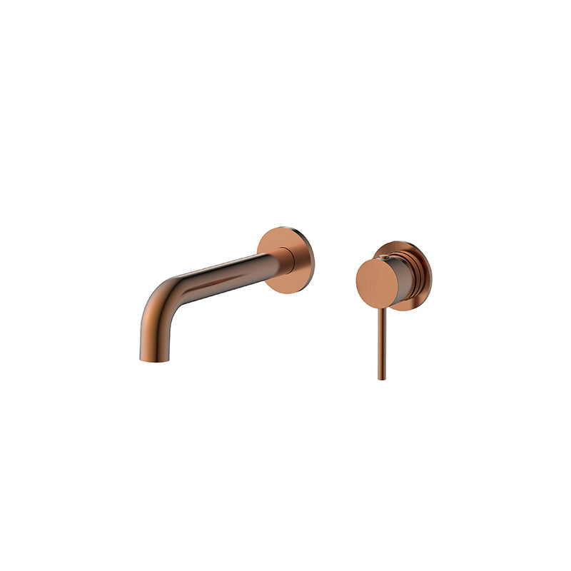 Copper bathroom faucet and handle set on a white background