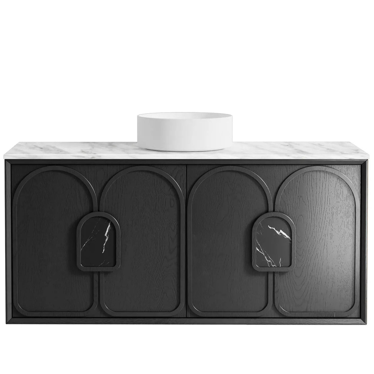 Bathroom vanity with marble countertop and black cabinet