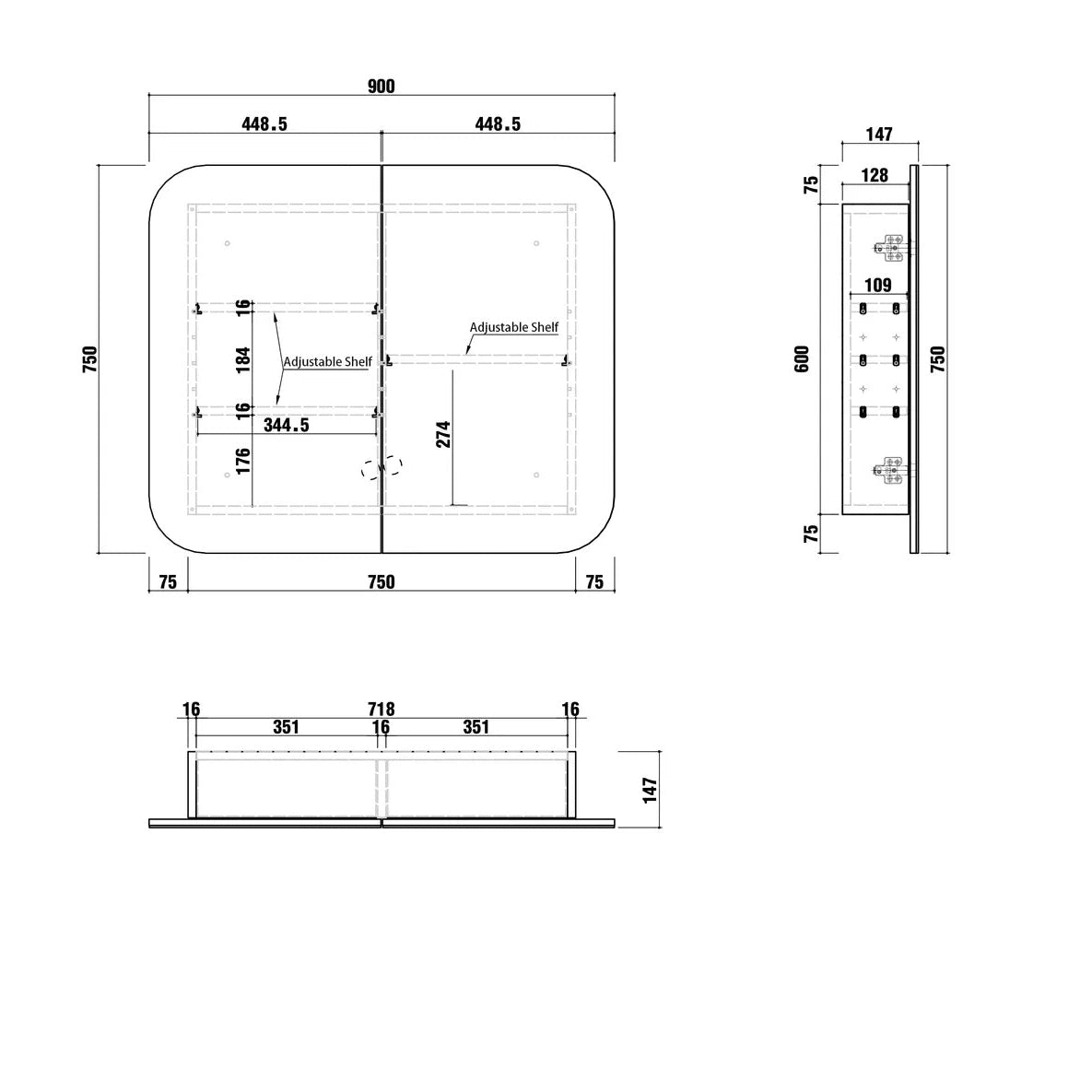 Technical drawing of a shaving cabinet with dimensions