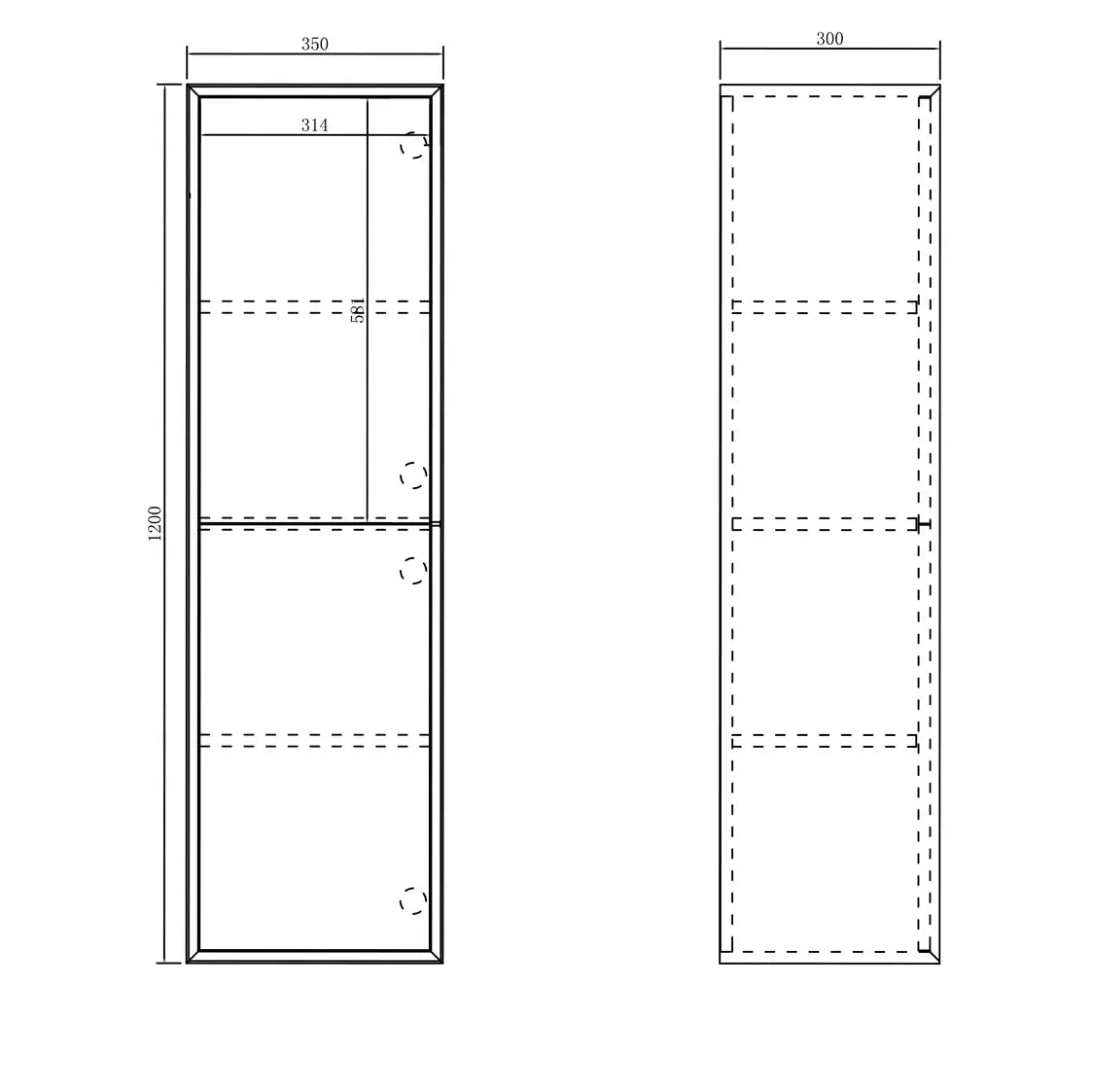 Technical drawing of a tall boy cabinet with dimensions