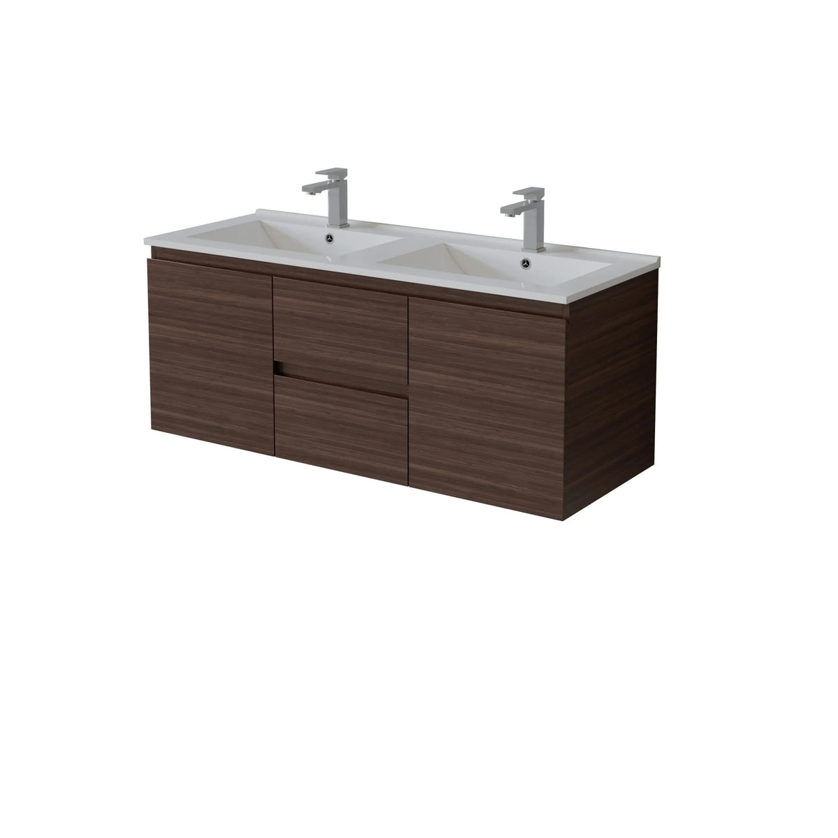 Bathroom vanity centre drawers with double sink and wooden finish on a white background