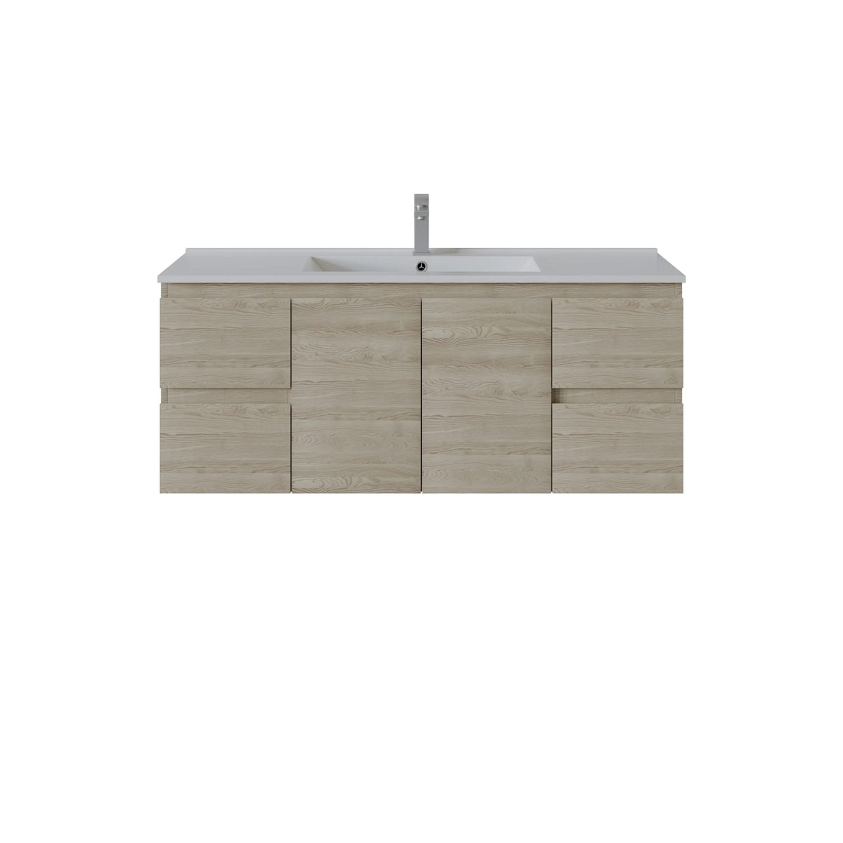A modern side drawers wall-mounted bathroom vanity with a light oak wood grain cabinet, a white integrated sink, and a tall chrome faucet, shown against a plain white background.