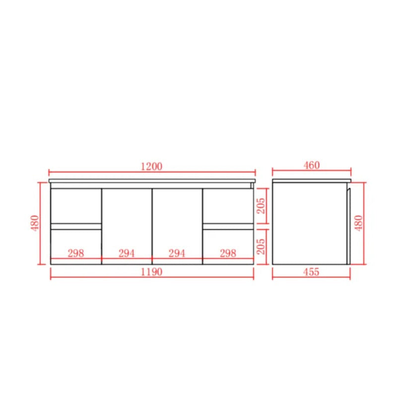 A technical dimension drawing of a cabinet or wall unit, showing front and side elevations with red measurement lines and labels on a white background.