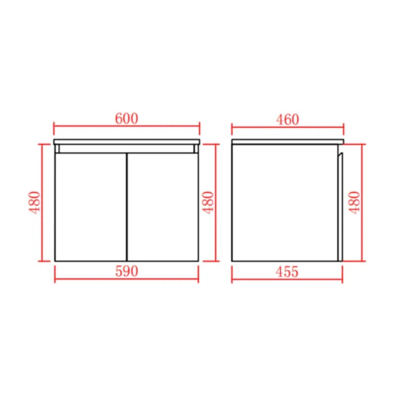 Technical drawing of wall hung vanity with dimensions labeled