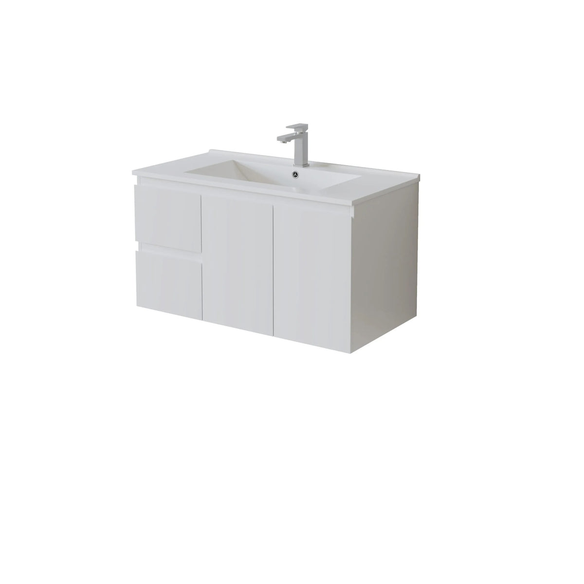Left hand White bathroom vanity with sink and faucet on a white background