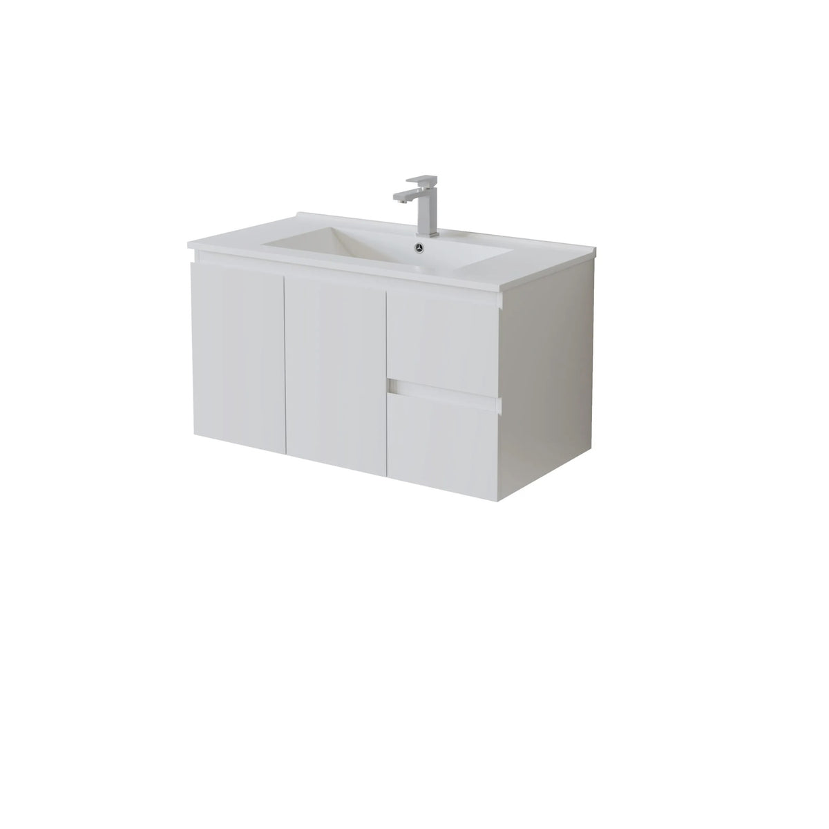 Right hand White bathroom vanity with sink and faucet on a white background