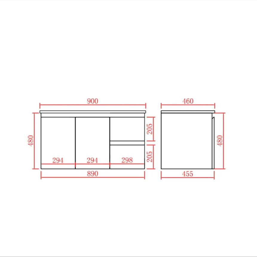 A technical dimension drawing of a wall right handed vanity, showing the red measurement lines and numeric labels on a white background.