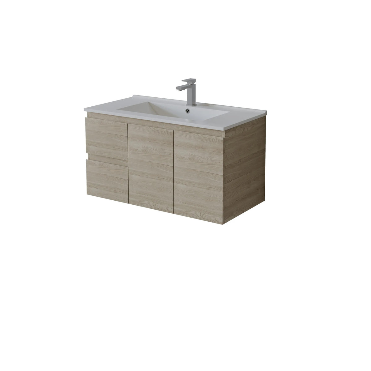 Left Hand Bathroom vanity with sink and faucet on a white background