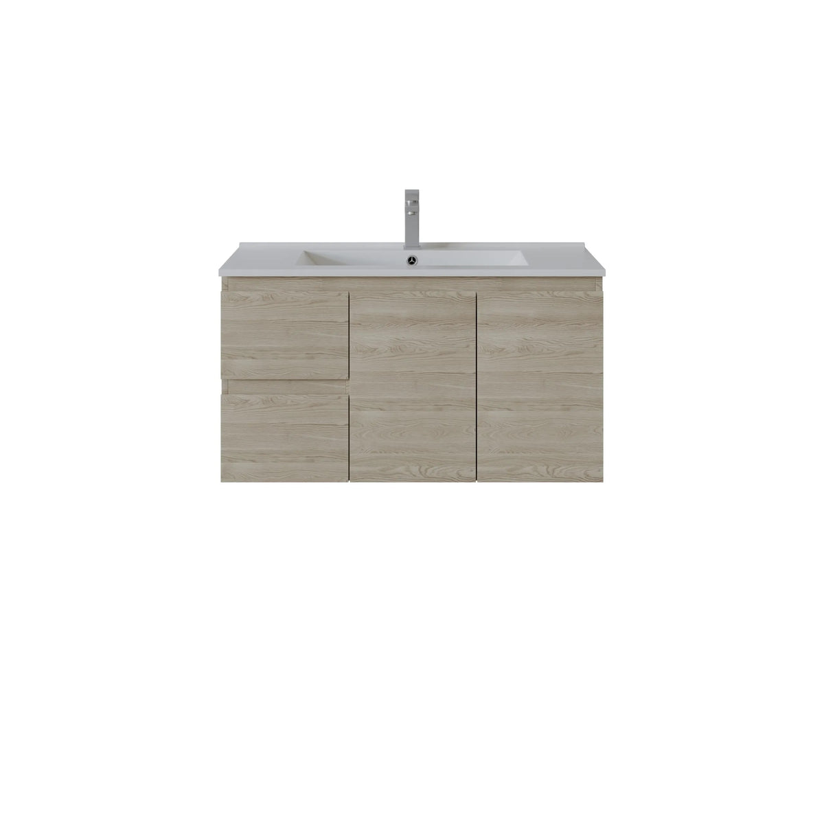 A modern Left hand wall-mounted bathroom vanity with a light oak wood-grain cabinet, a white integrated sink, and a tall chrome faucet, shown against a plain white background.
