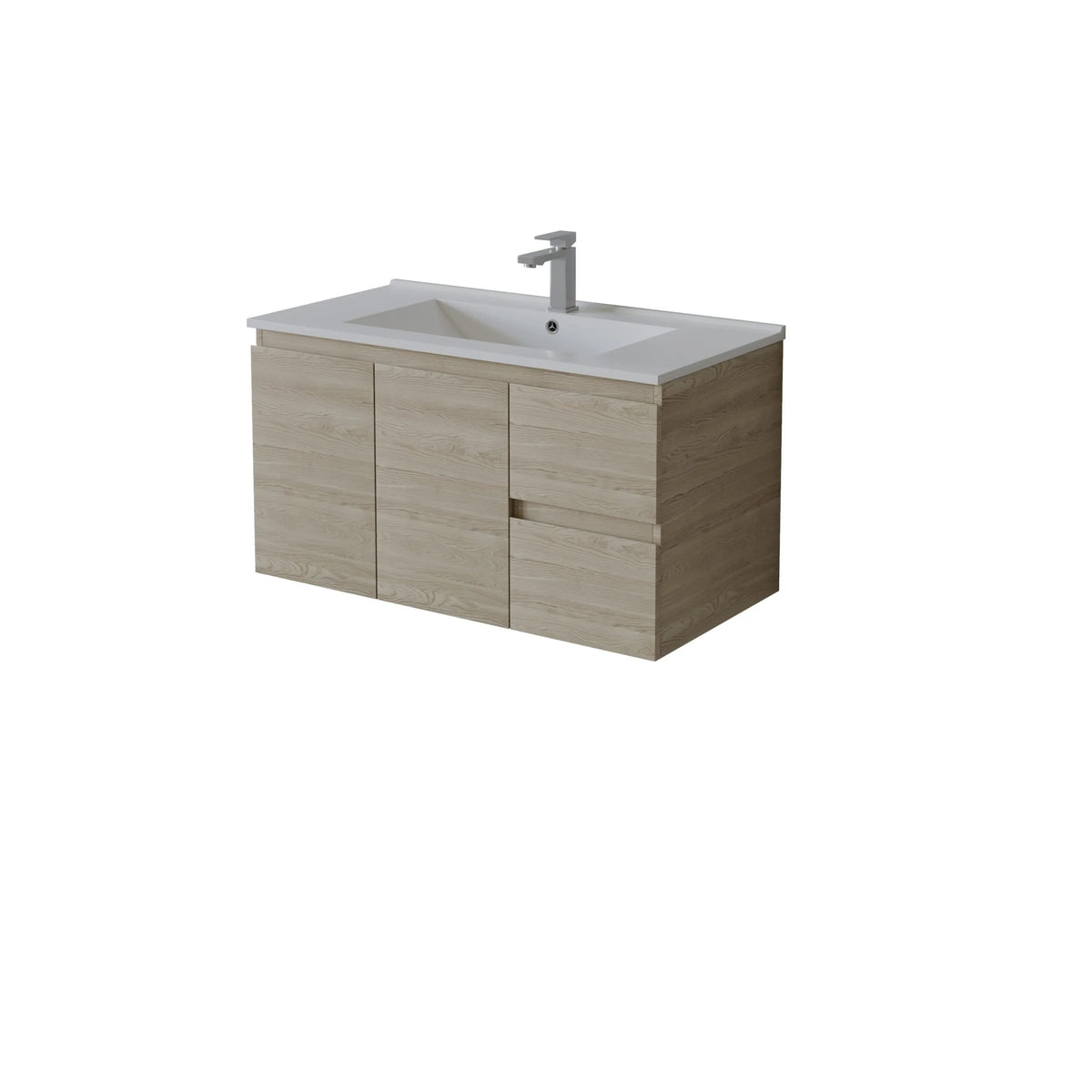A wall-mounted right hand bathroom vanity with a light oak wood grain cabinet, a white integrated sink, and a chrome faucet, shown on a plain white background.