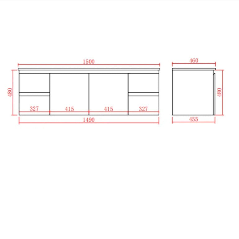 A technical dimension drawing of a wall-mounted cabinet or storage unit, showing front and side elevations with red measurement lines and labels on a white background.