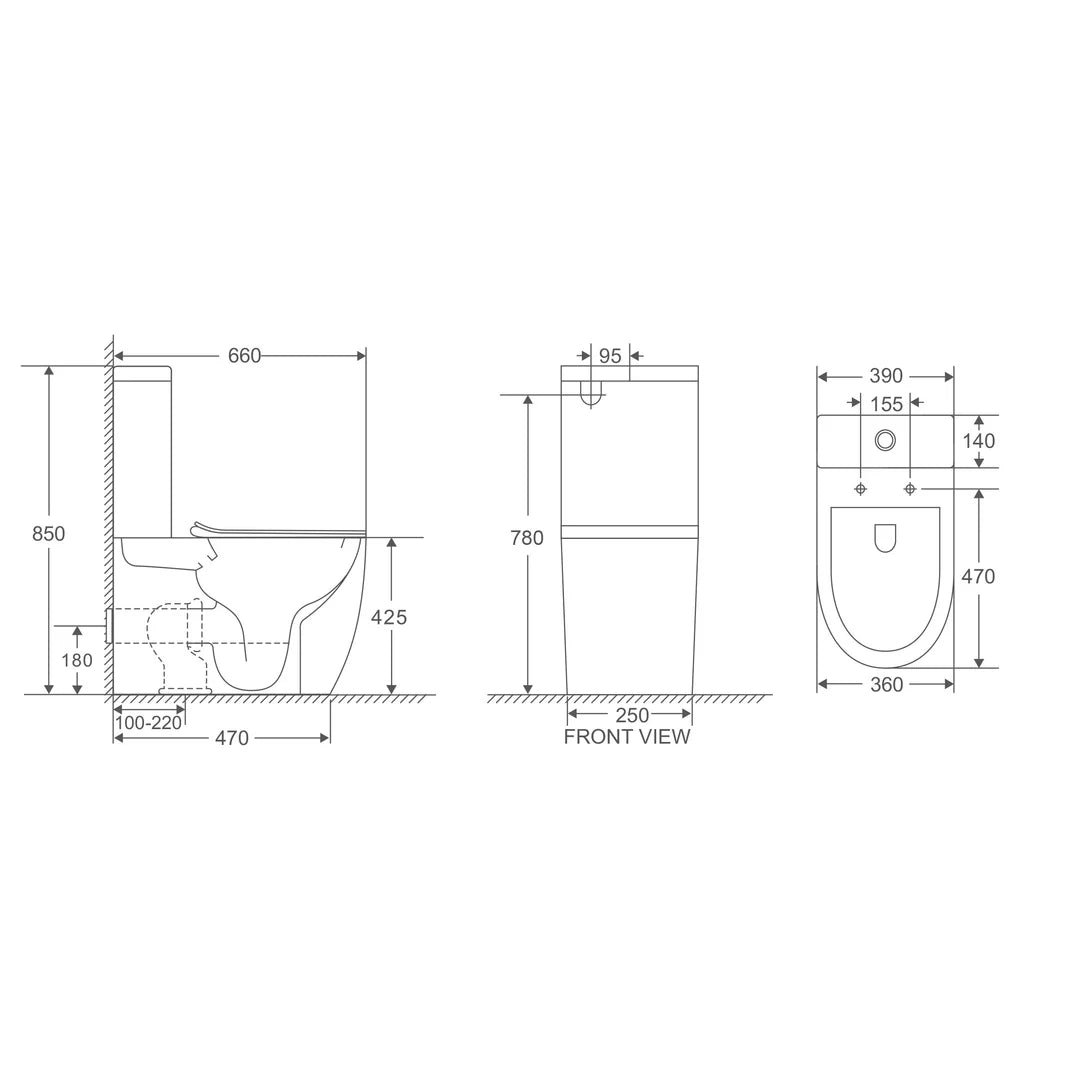 Technical drawing of a toilet with dimensions labeled