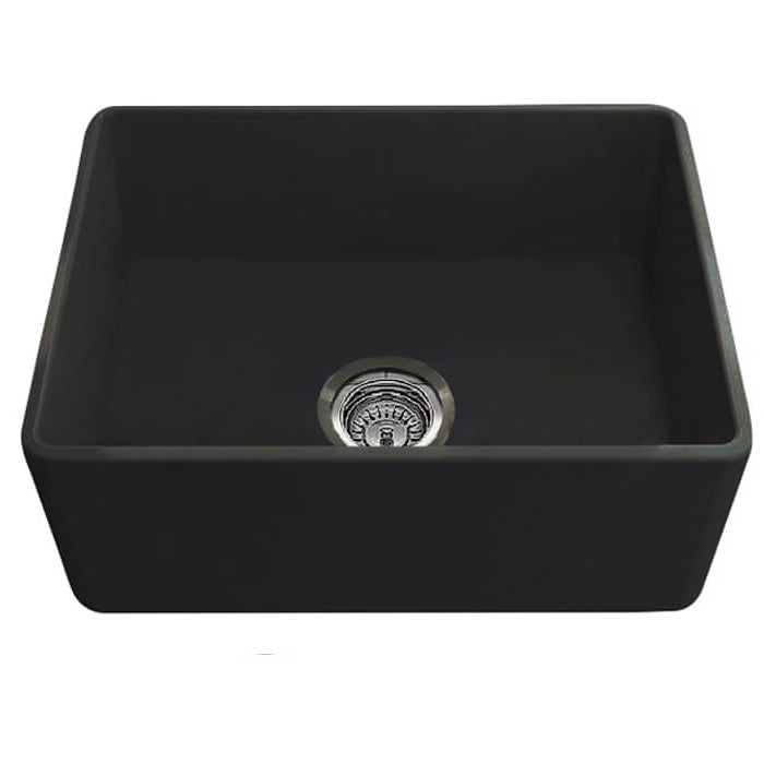 Black kitchen sink with silver drain on a white background
