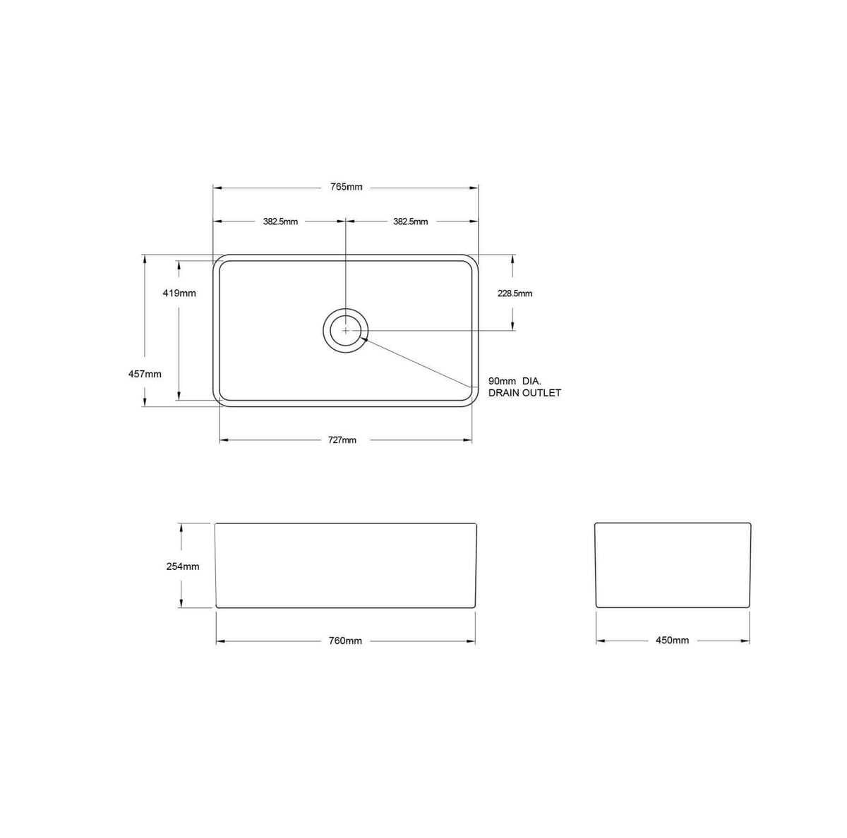 Technical dimension drawing of a rectangular sink or drain unit, showing front, top, and side measurements with labels and arrows on a white background.
