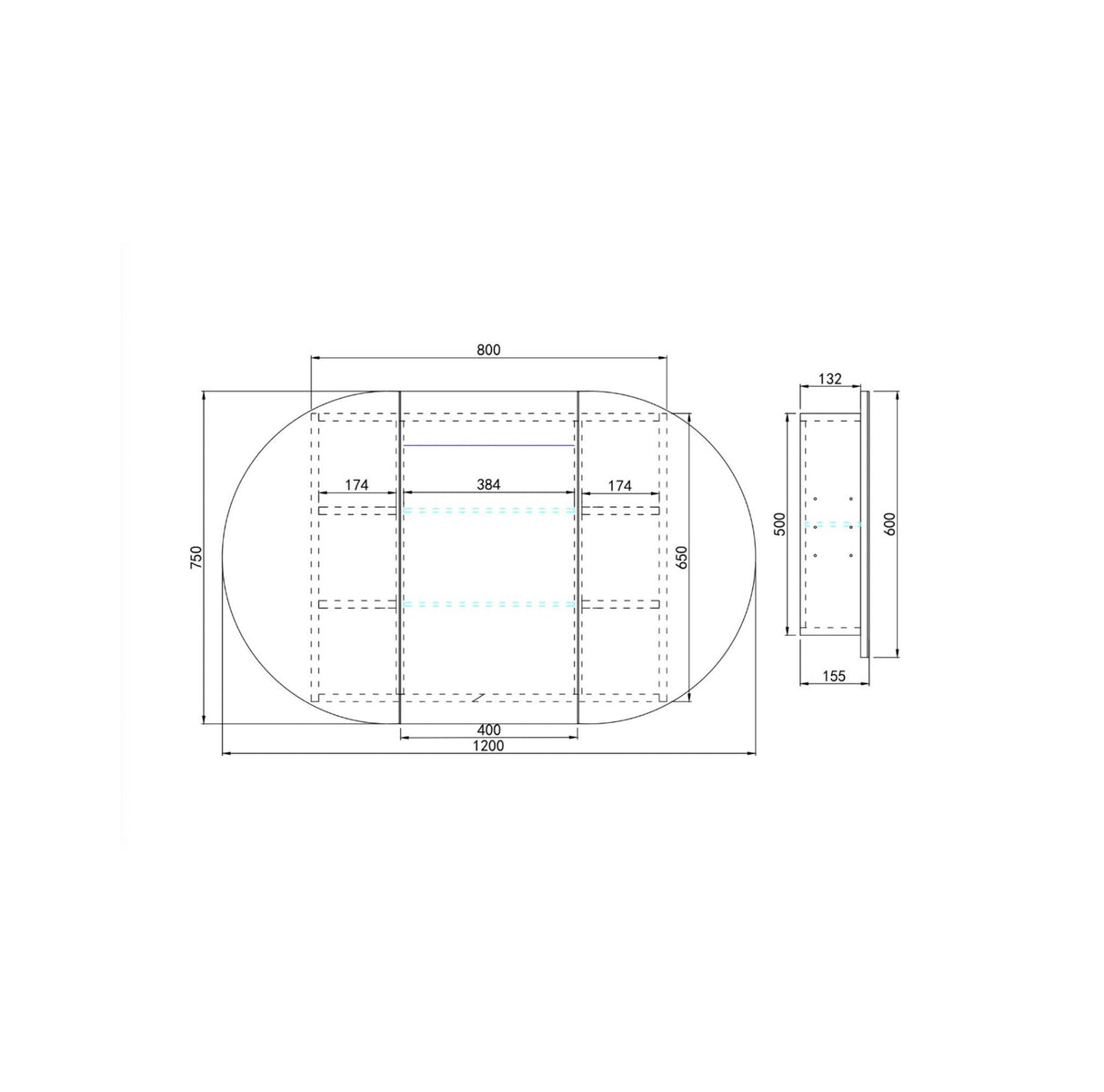 drawing of 1200mm shaving cabinet