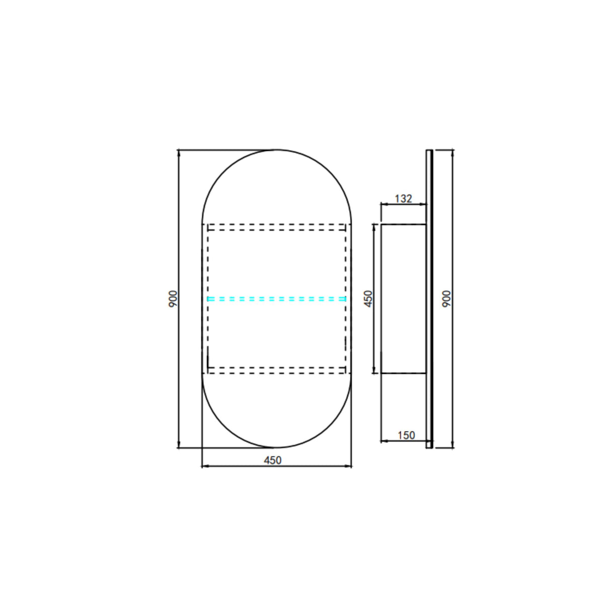 Technical drawing of a 450 shaving cabinet with dimensions on a white background