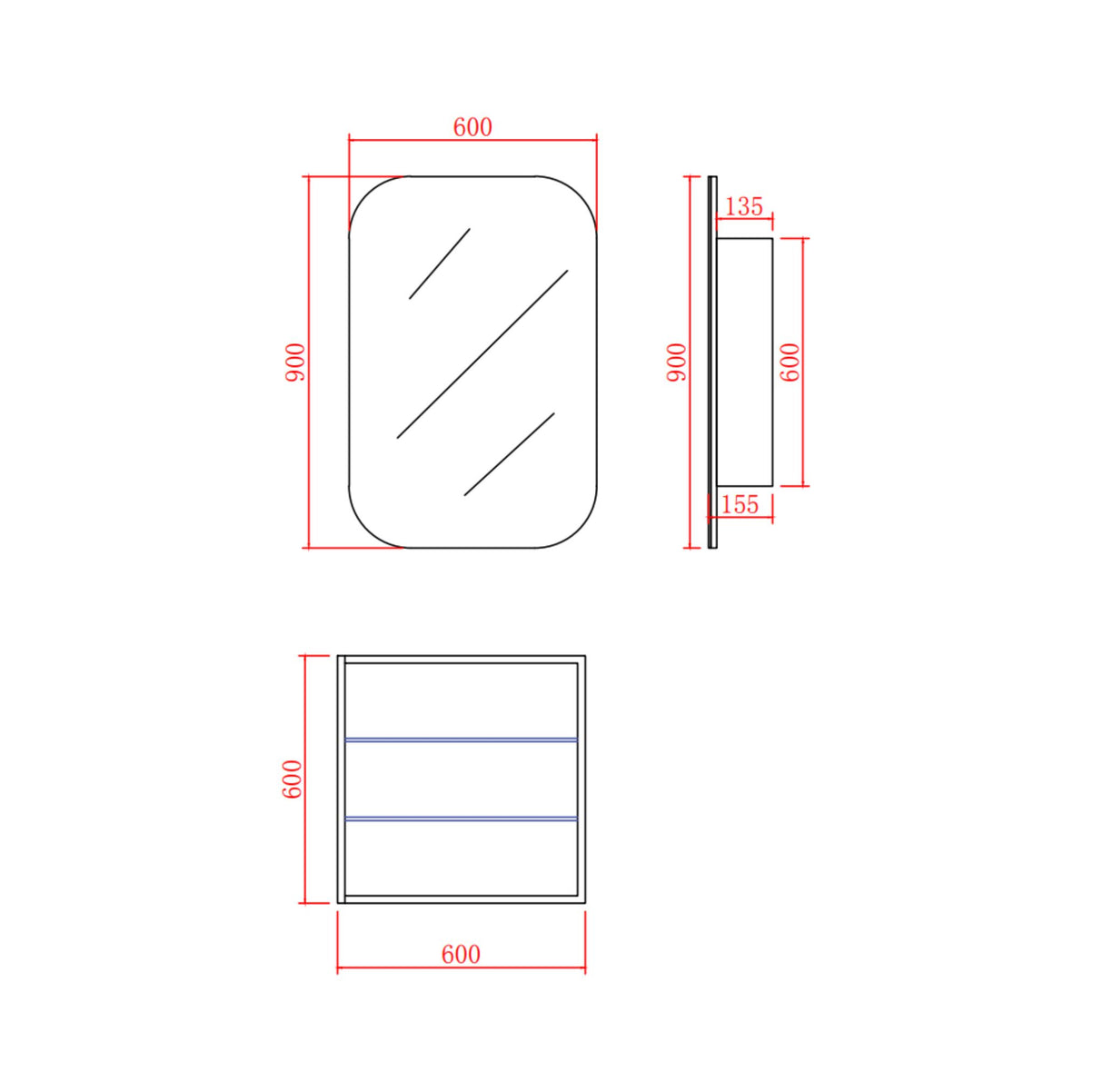 Technical drawing of a 600mm shaving cabinet with dimensions on a white background
